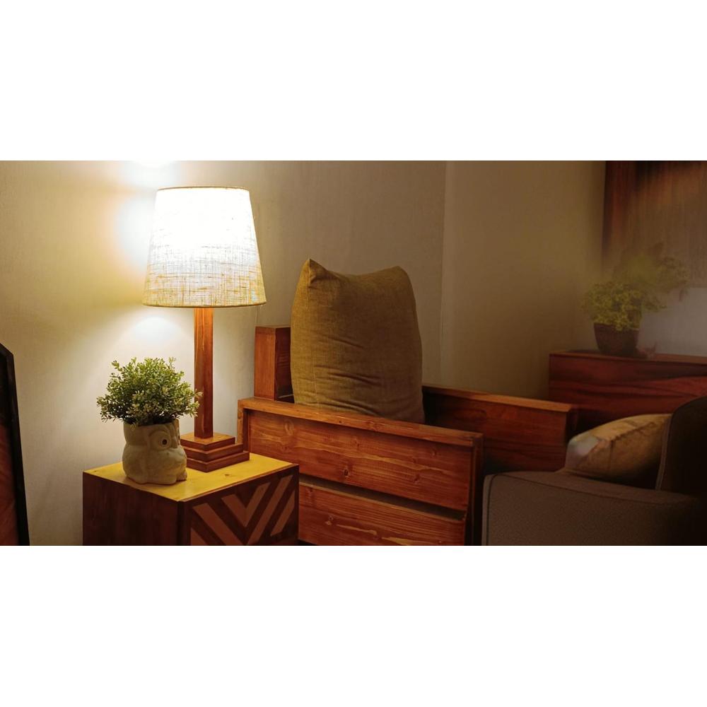 Babel Wooden Table Lamp with Brown Base and Premium White Fabric Lampshade
