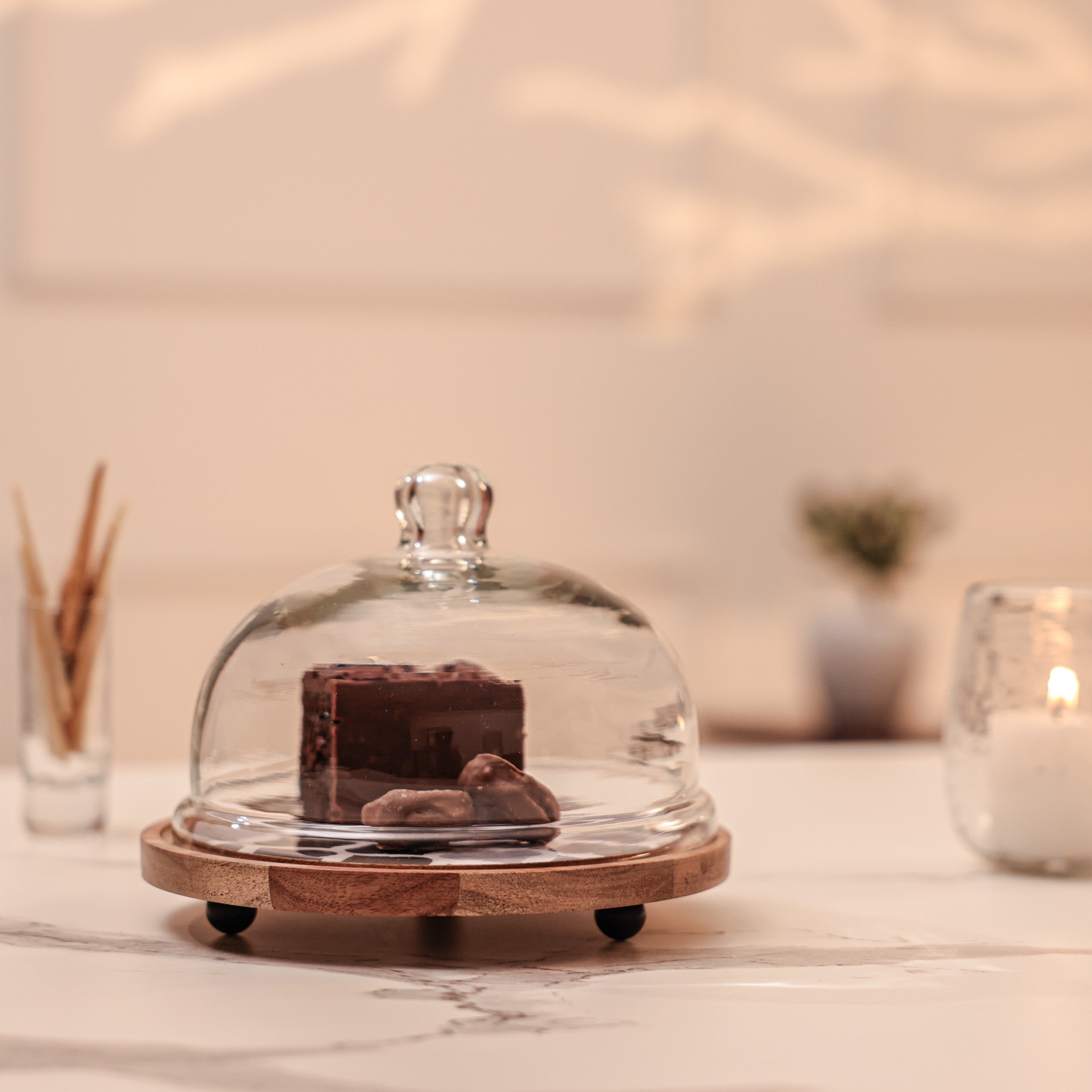 Ireka Homes Frosty Bliss Acacia Wood Cake Stand with Glass Dome - Ireka Homes