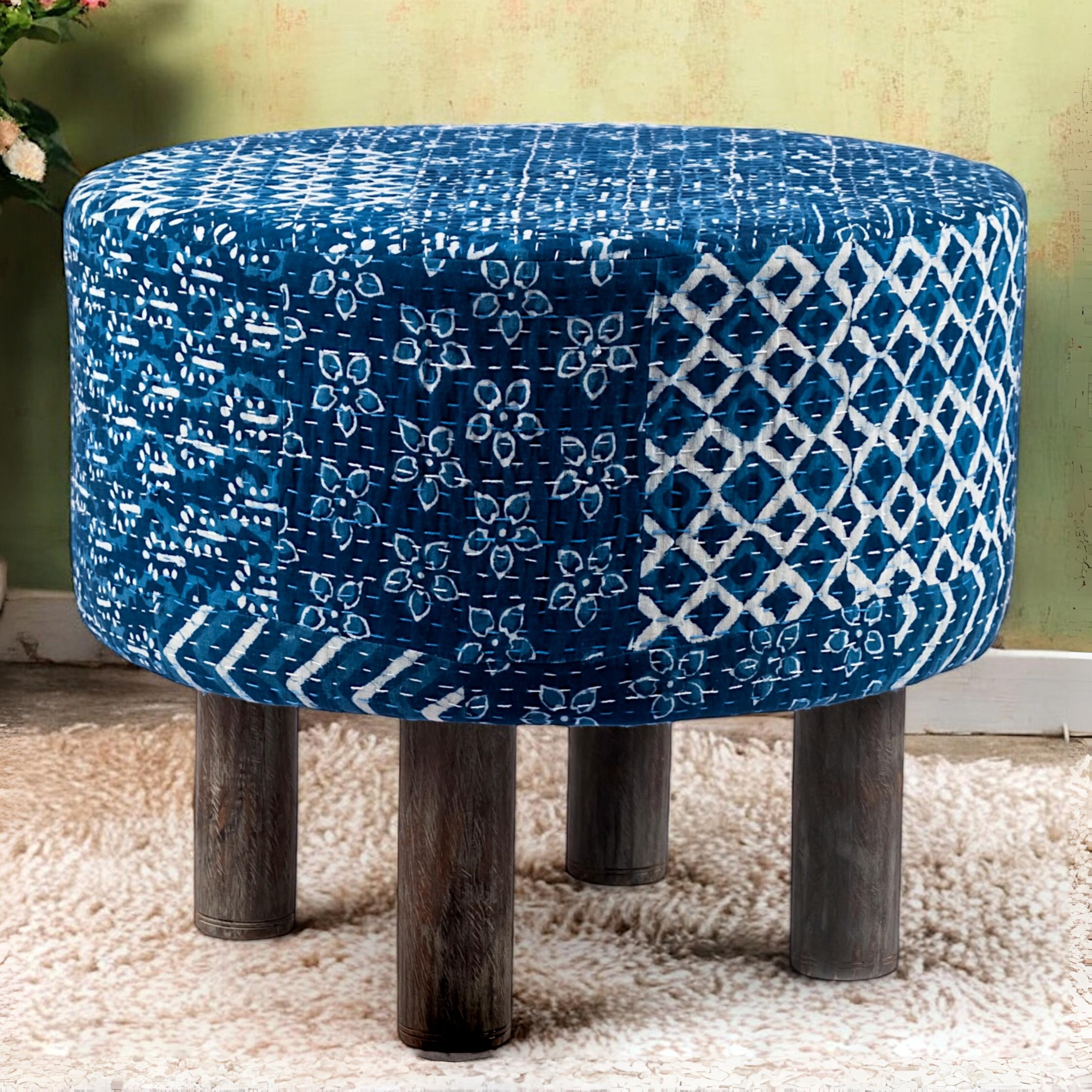 Collio Solid Wood Pouffee in Indigo Patch Kantha Fabric - Ikiriya