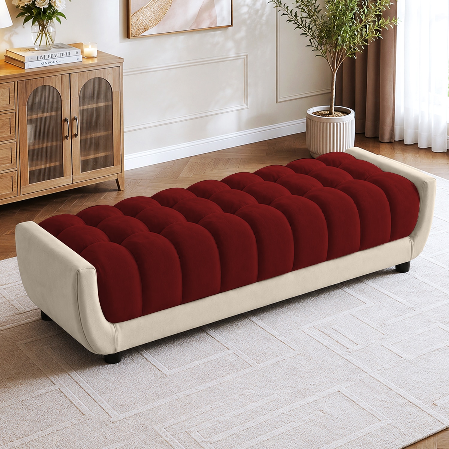 Resco Velvet 2 Seater 4 Feet Ottoman Bench in Maroon & Cream  Color - Home Lifestylez