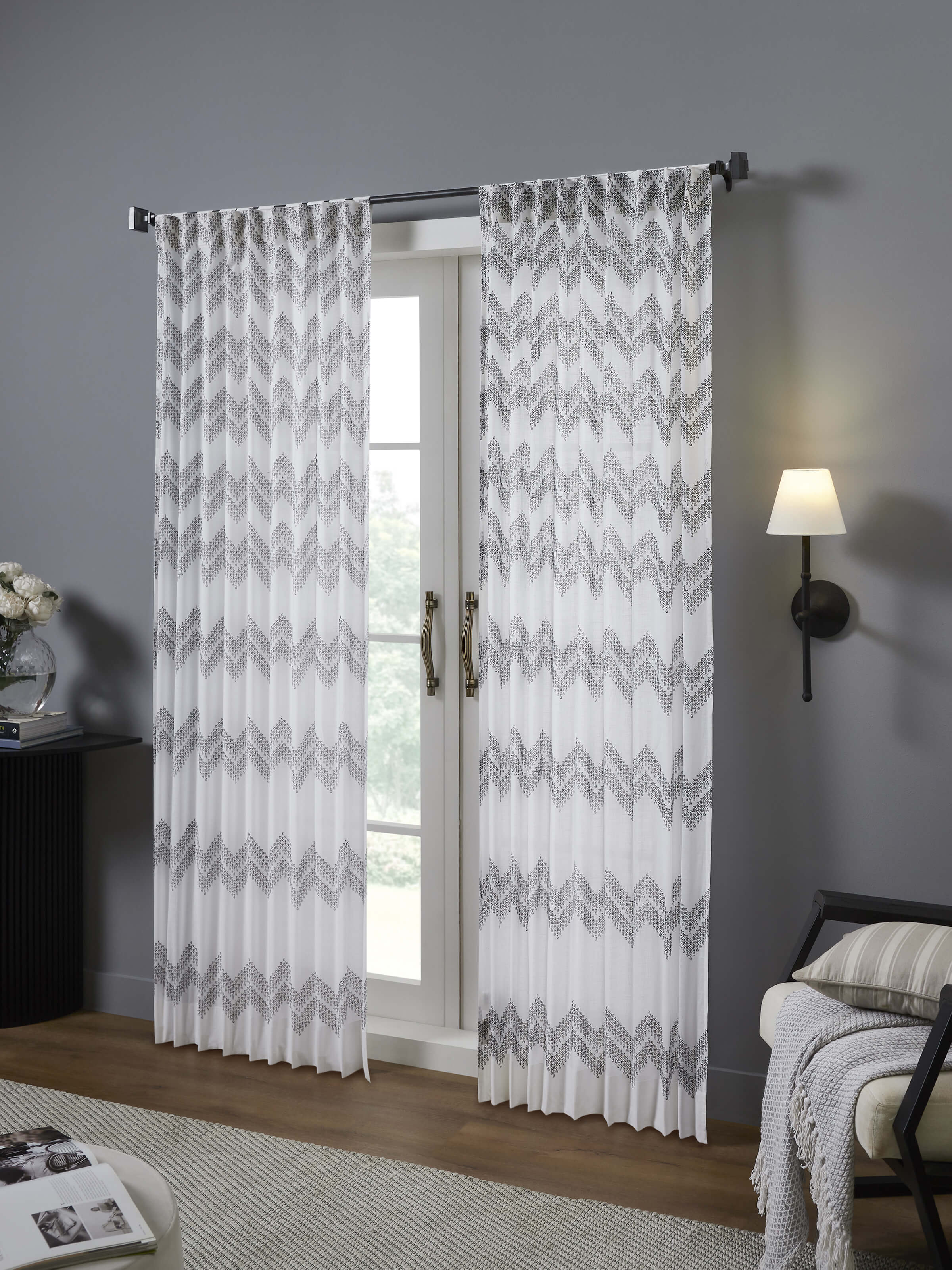 Rambagh Grey Geo Chevron Cotton Sanganeri Hand Block Printed Curtain (7 Ft)