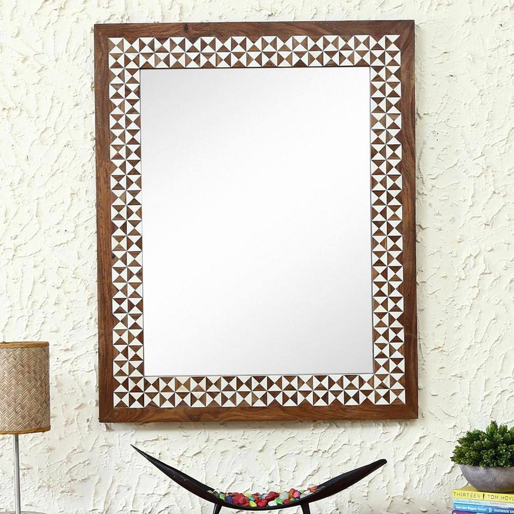 Hexagonal Design Bone Inlay Wooden Wall Mirror 30.5inx2inx38.5in