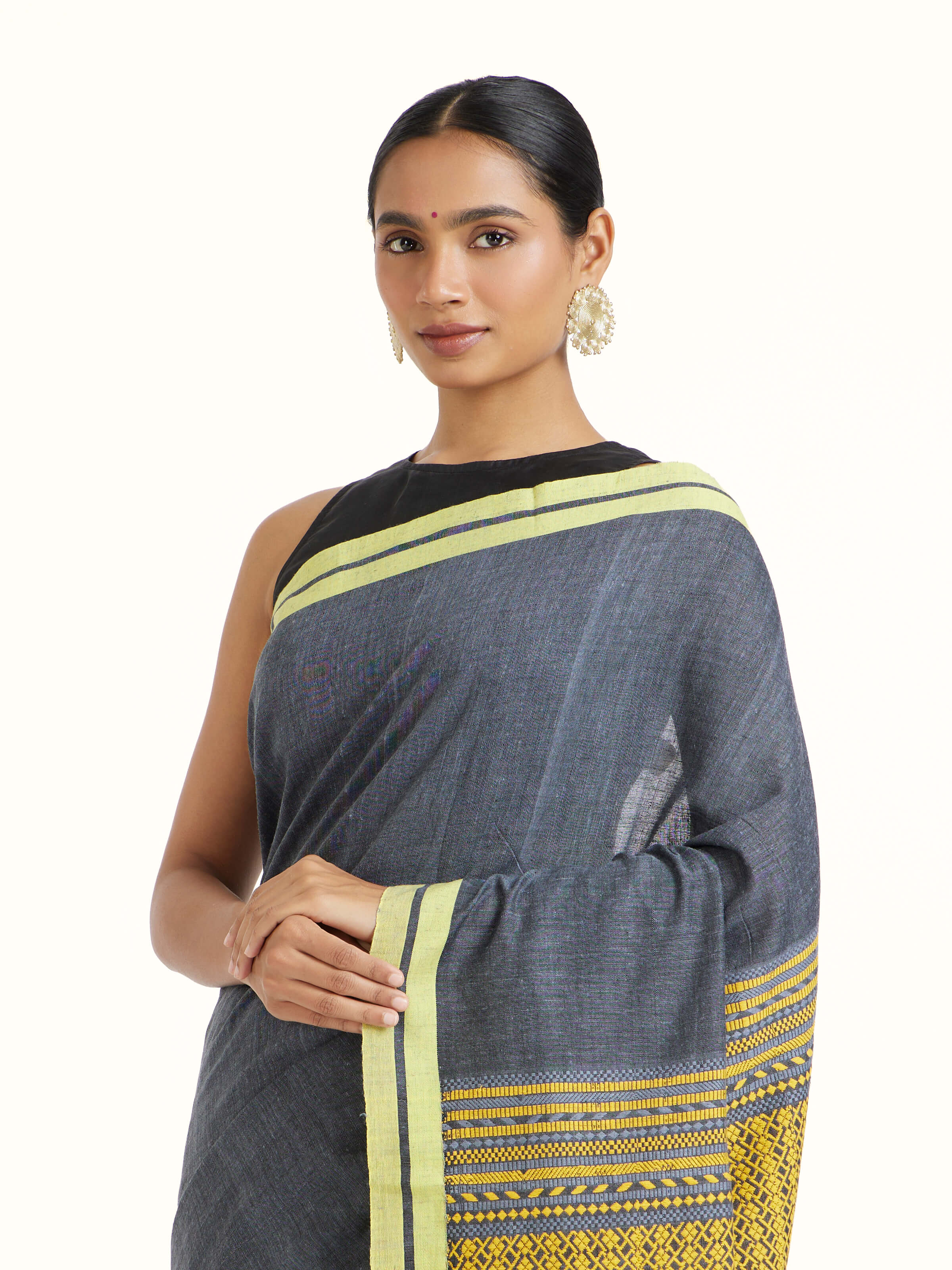 Angled view of the Grey Cotton Silk Saree