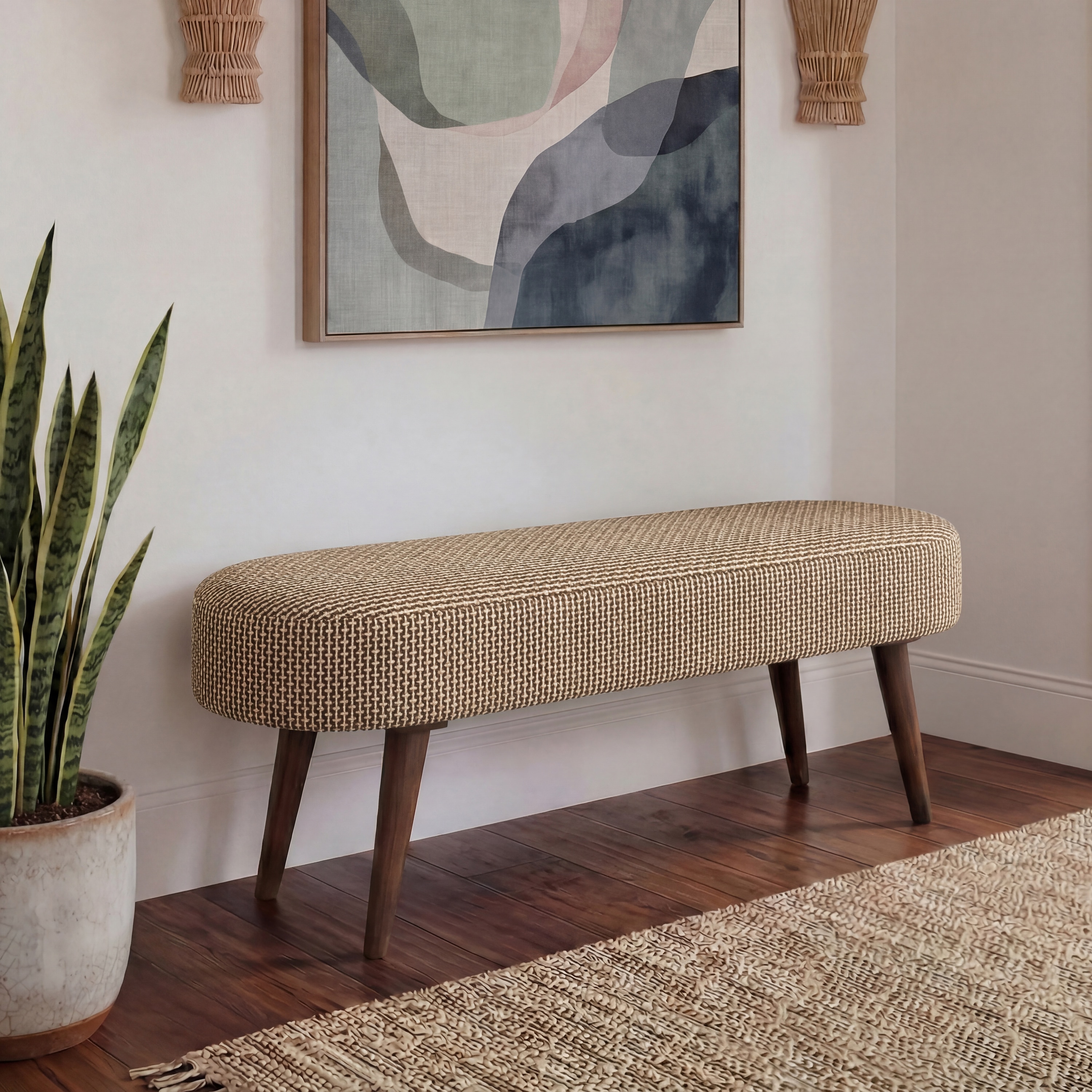 Onda Solid Wood Bench In Mango Walnut Finish and Clay Knit Colour