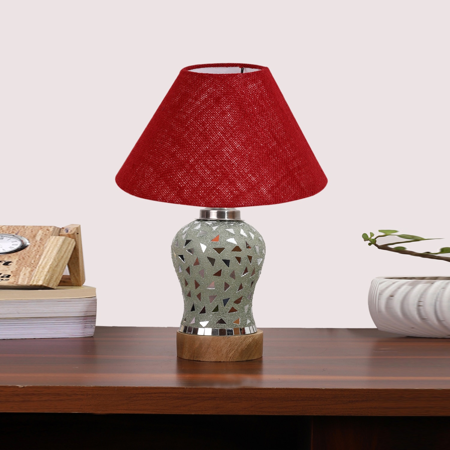 Devansh Conical Maroon Jute Shade Lamp With Wood & Mosaic Glass Base For Decoration/Office/Home/Gifting/Study For Decoration/Office/Home/Gifting/Study -(10X10X14.5) Inches -A - Devansh