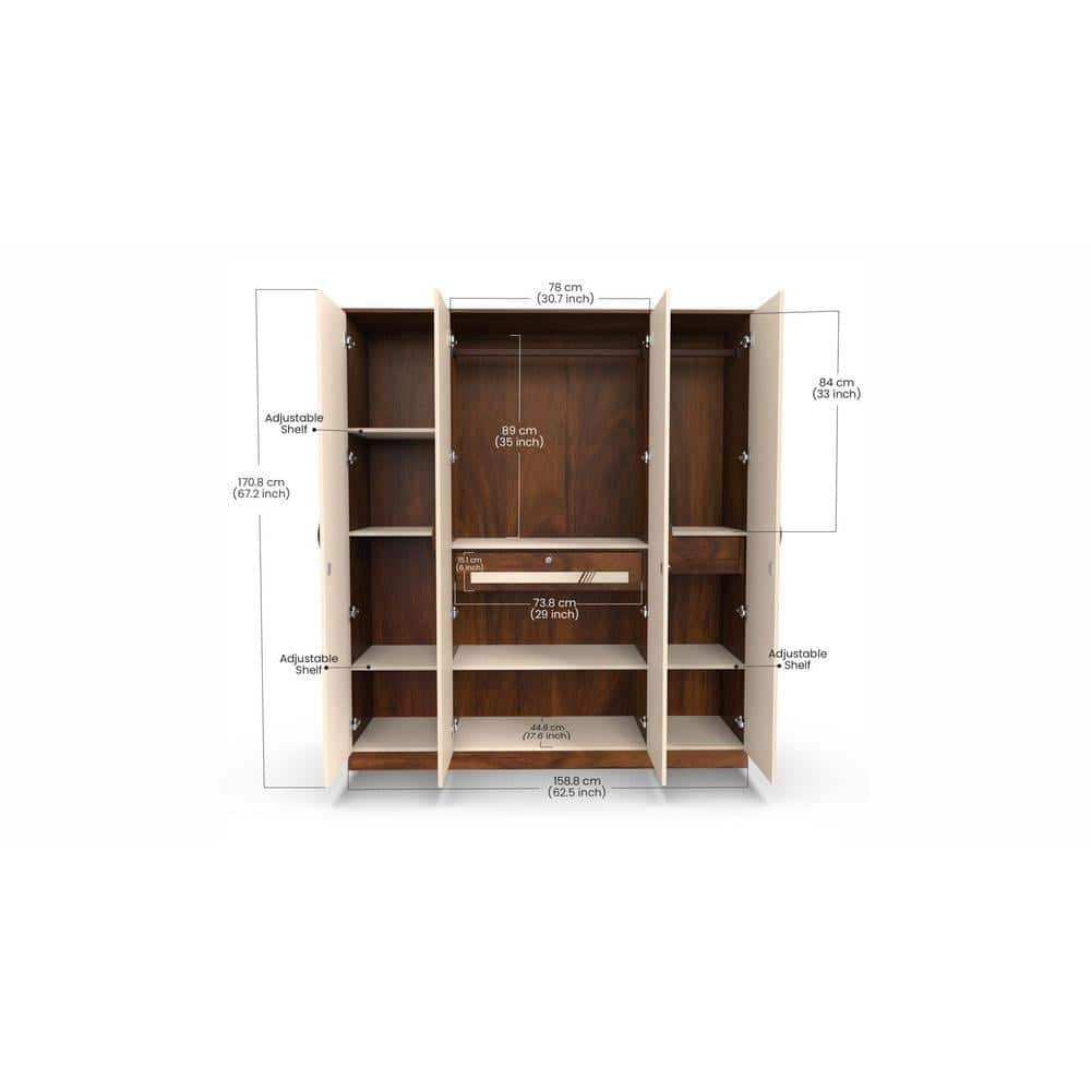 Andrie Engineered Wood 4 Door Wardrobe/Clothes Storage Rack Organizer Almirah Cupboard Without Mirror, 10 Shelves & Drawers (One with Lock) for Bedroom Home Furniture (Brown Maple & Beige)…