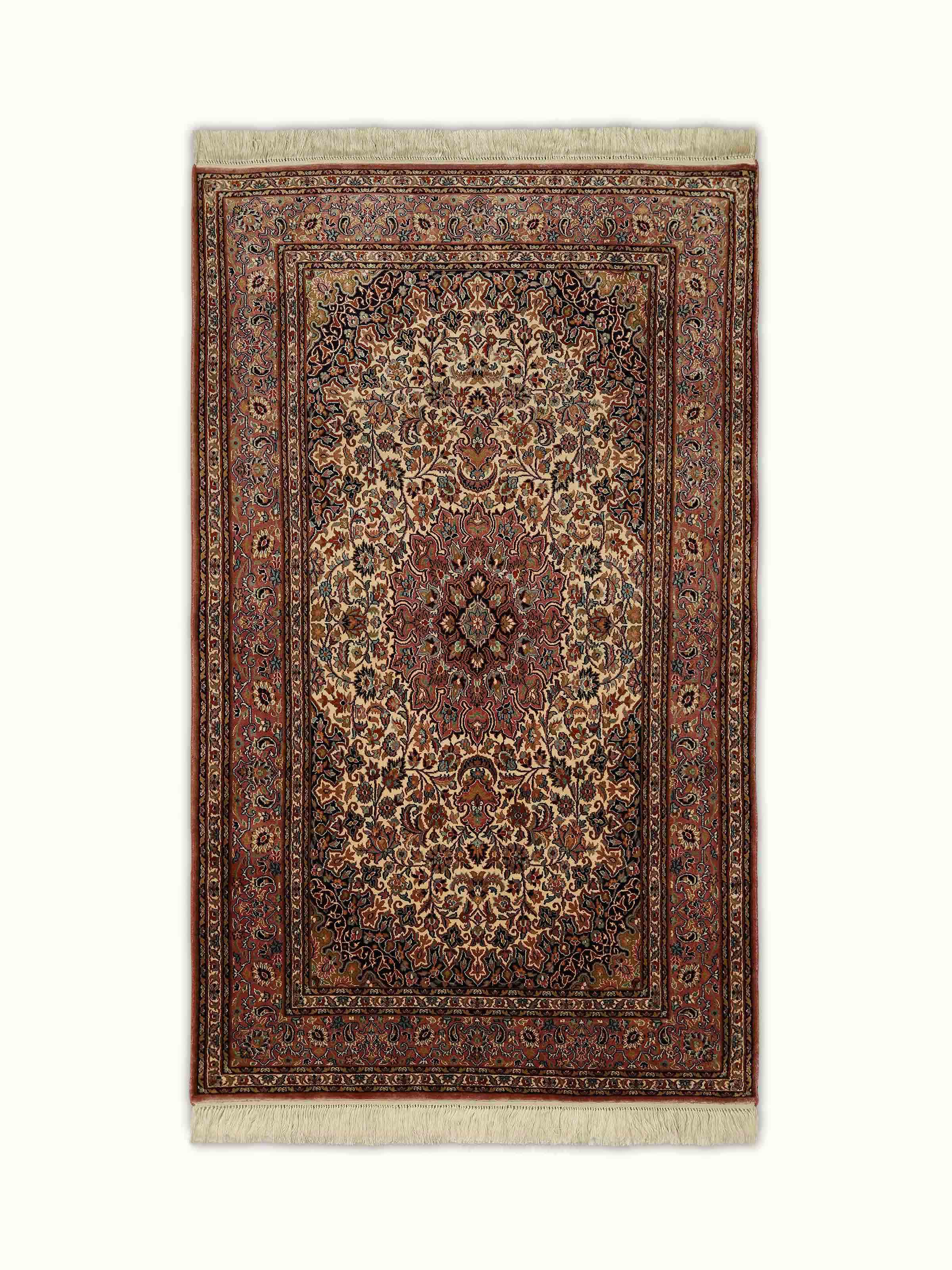 Traditional Persian Ivory Kerman Kashmir Silk Hand-knotted Rug