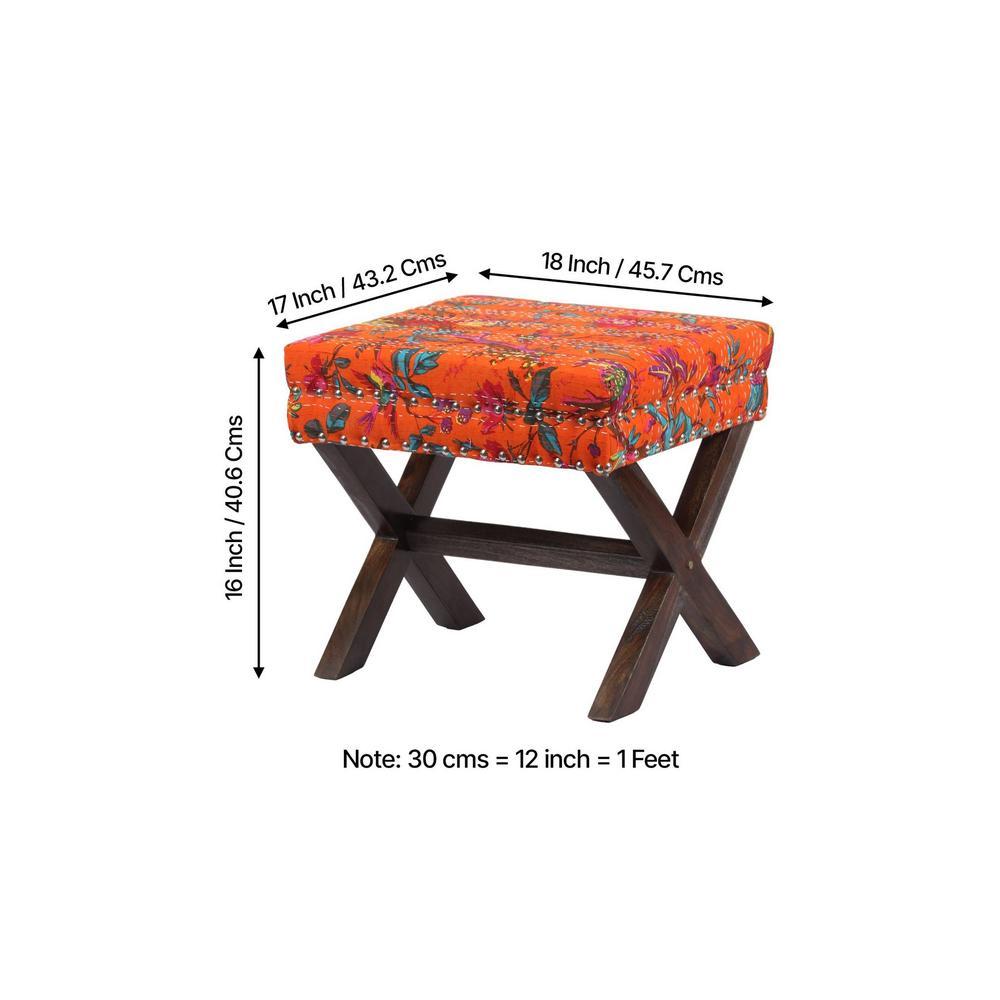Rosslyn Solid Wood Pouf Stool in Bird Print Orange Ethnic Kantha fabric