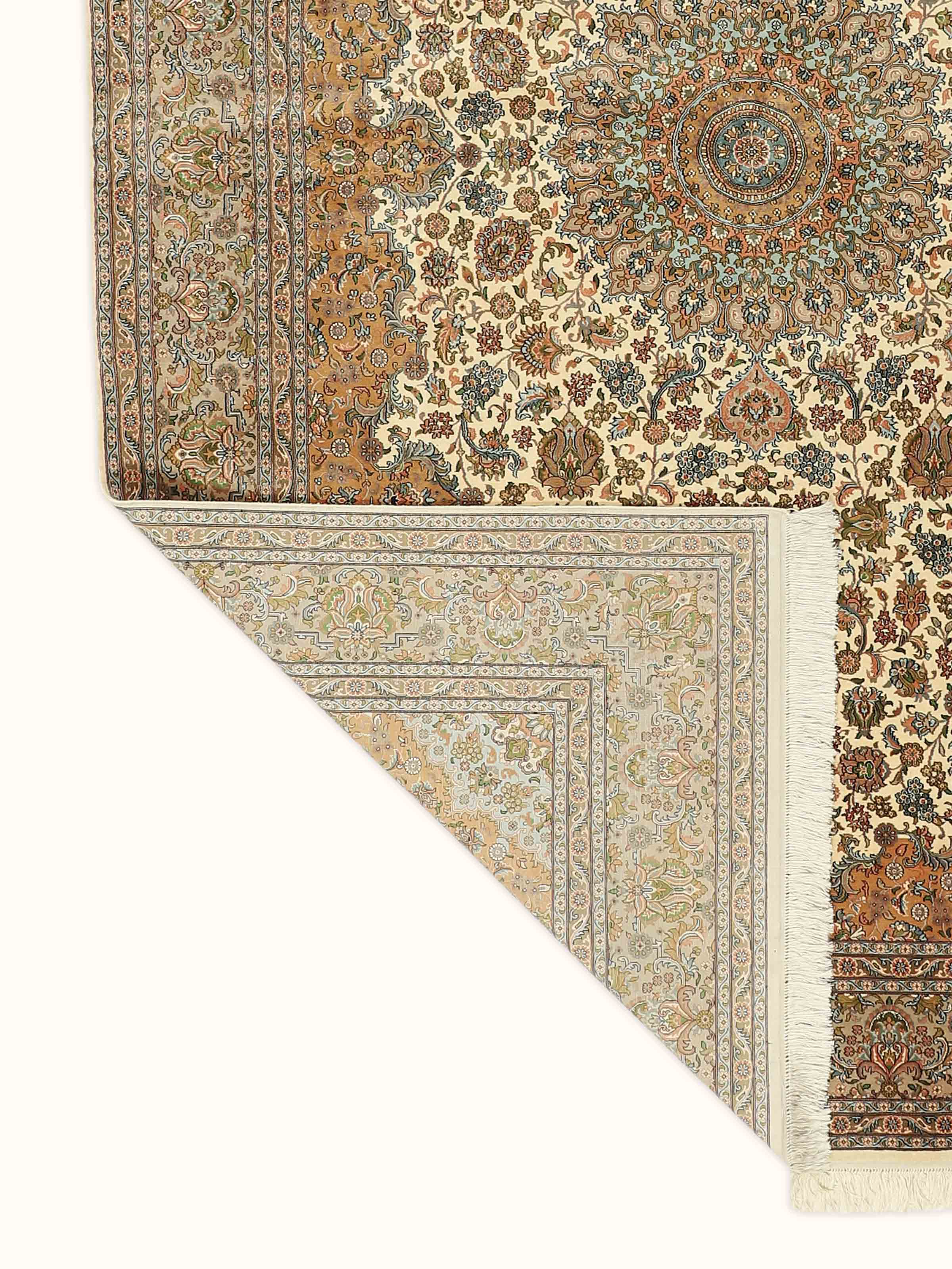 Traditional Persian Ivory Kerman Kashmir Silk Hand-knotted Rug