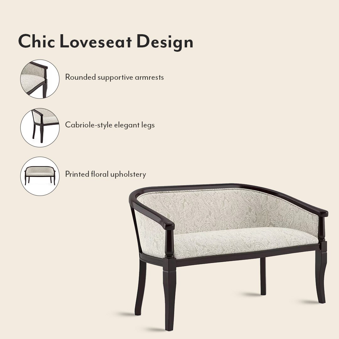 Florence Loveseat 2 Seater In Mahogany Finish With Monochrome Paisley Fabric Colour