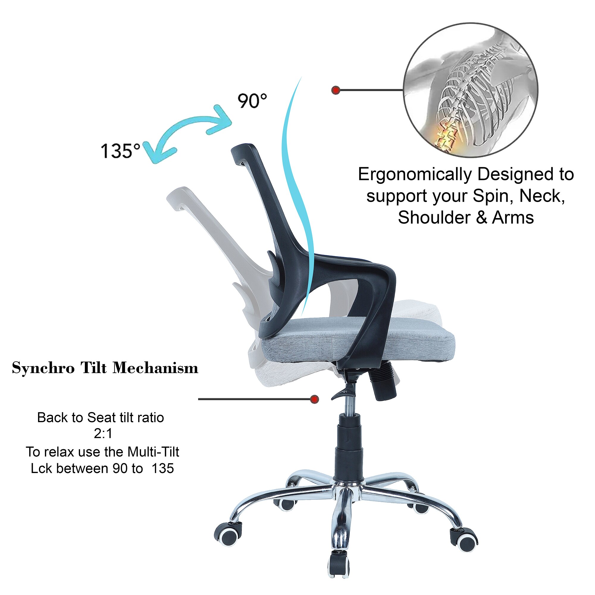 Innsightt Mid Back Ergonomic Chair in Grey Colour