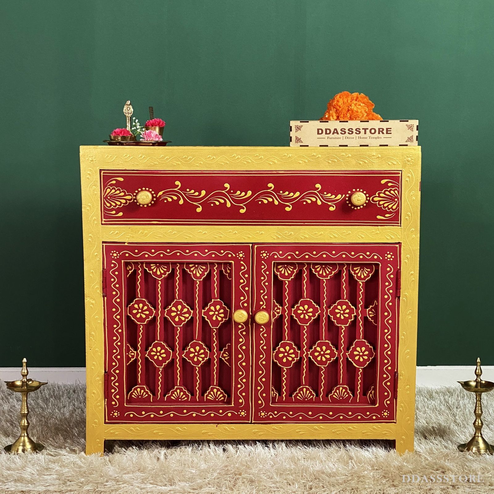 D'Dass Big Red Sheesham and Mdf Wooden Temple For Pooja With Cabinet - D'DASS