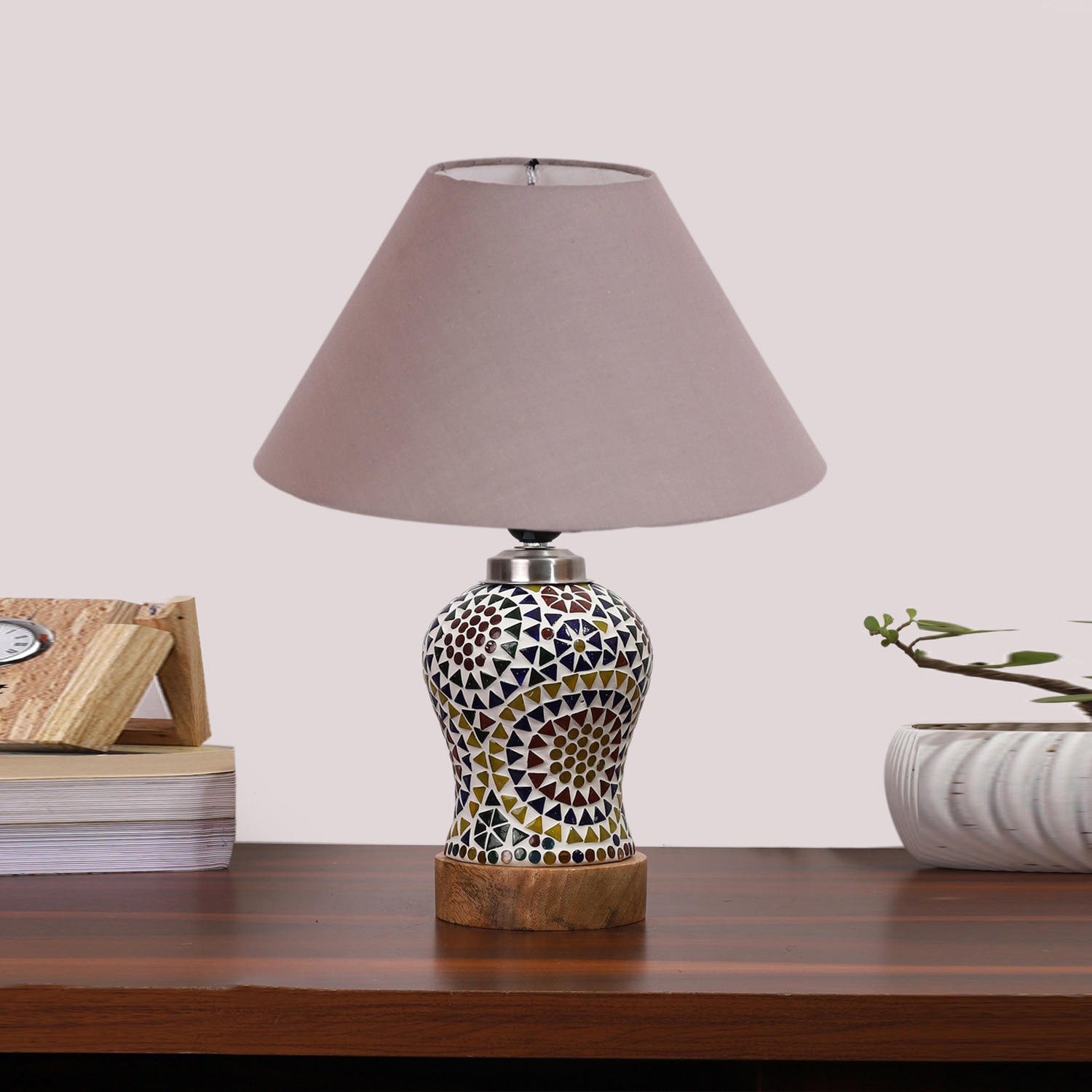 Devansh Conical Grey Cotton Shade Lamp With Wood & Mosaic Glass Base For Decoration/Office/Home/Gifting/Study For Decoration/Office/Home/Gifting/Study -(10X10X14.5) Inches -A