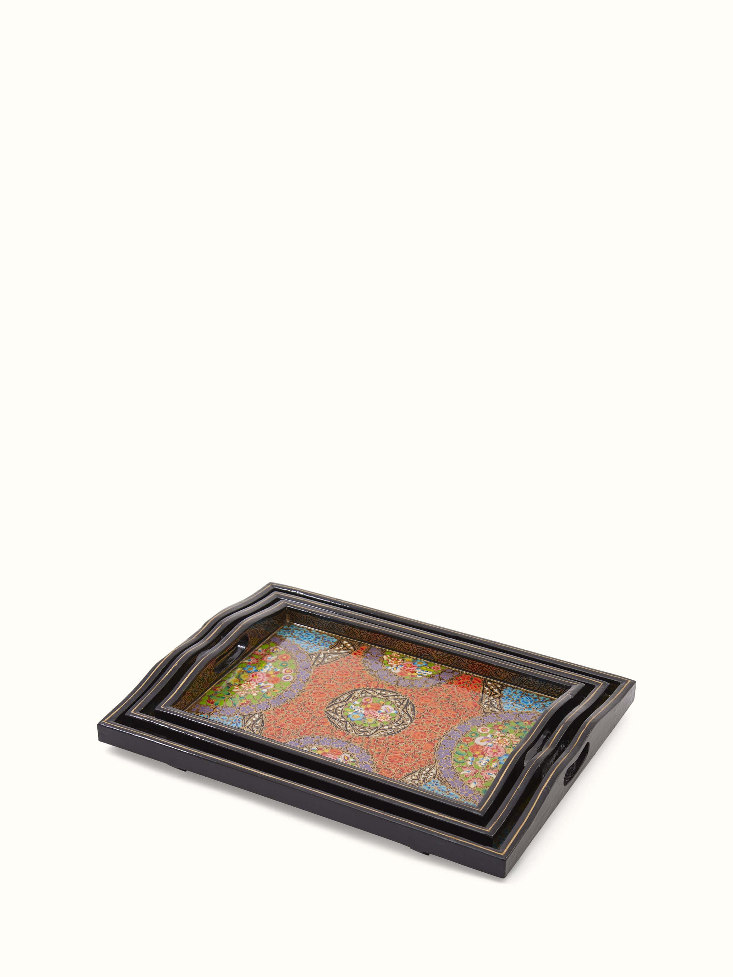 Side view of Papier mache paper pulp decor trays set highlighting the intricate patterns and craftsmanship