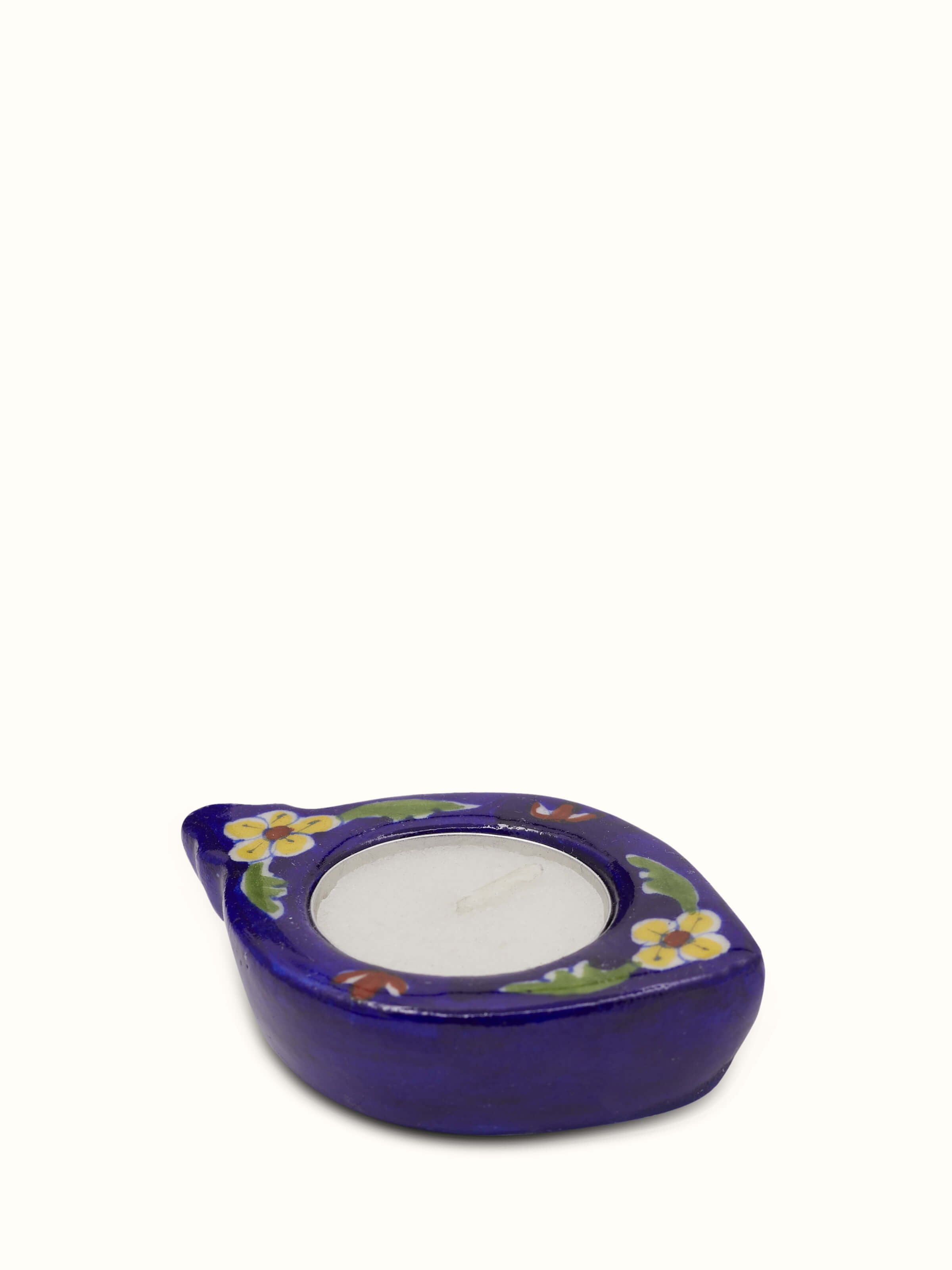 Decorative blue pottery tea light holder – another angle view