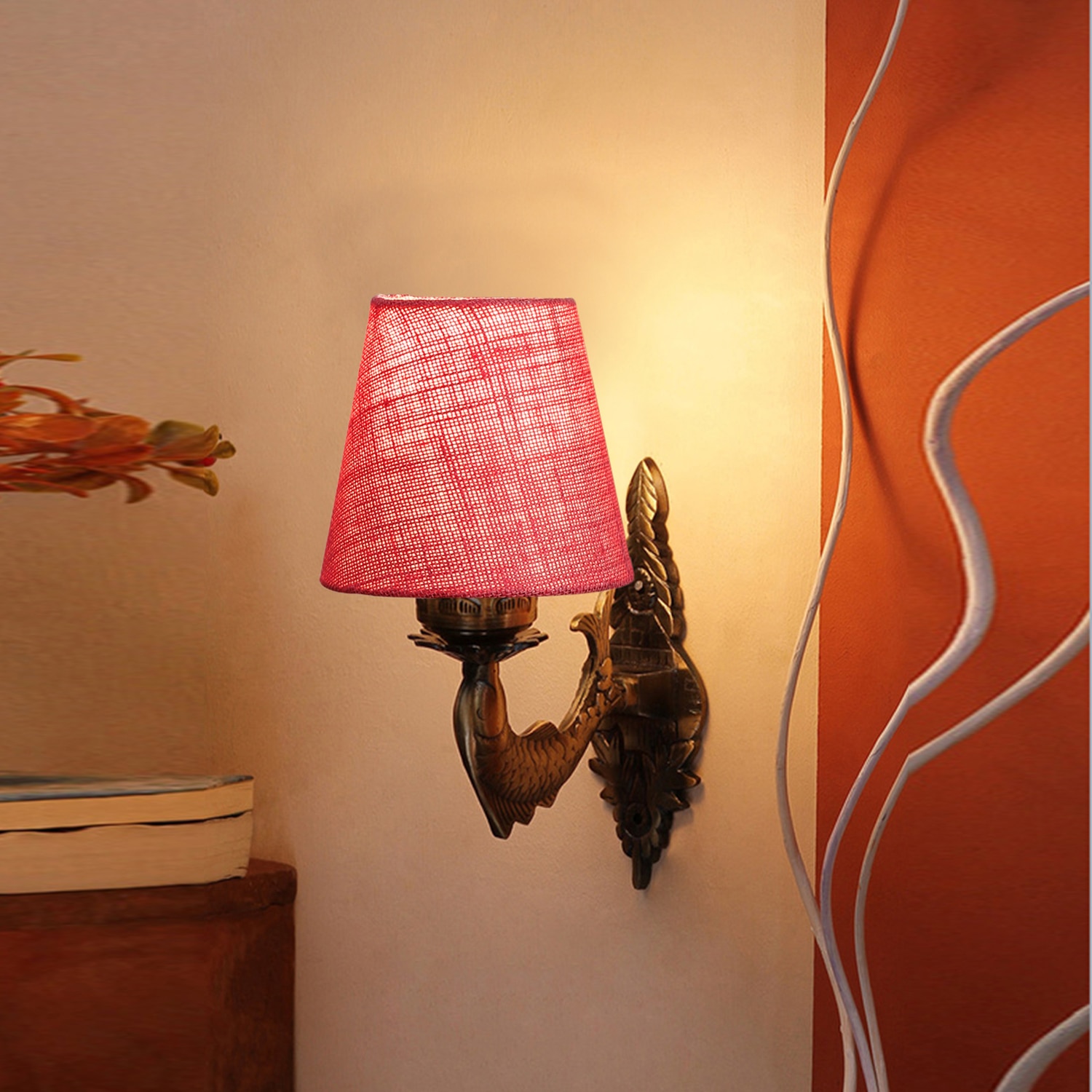 Devansh Metal Electric Wall Light in Antique Gold Colour with Pink Shade Count of 1 Light - Devansh