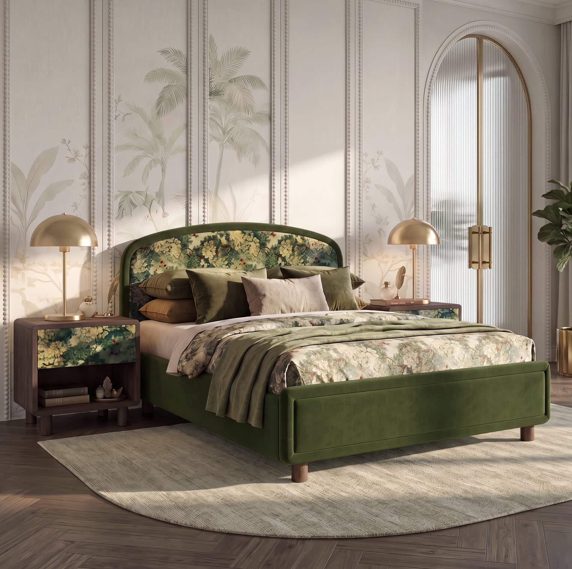 Eden Upholstered Queen Size Non-Storage Bed In Berry Orchid Colour with Danish Walnut Finish