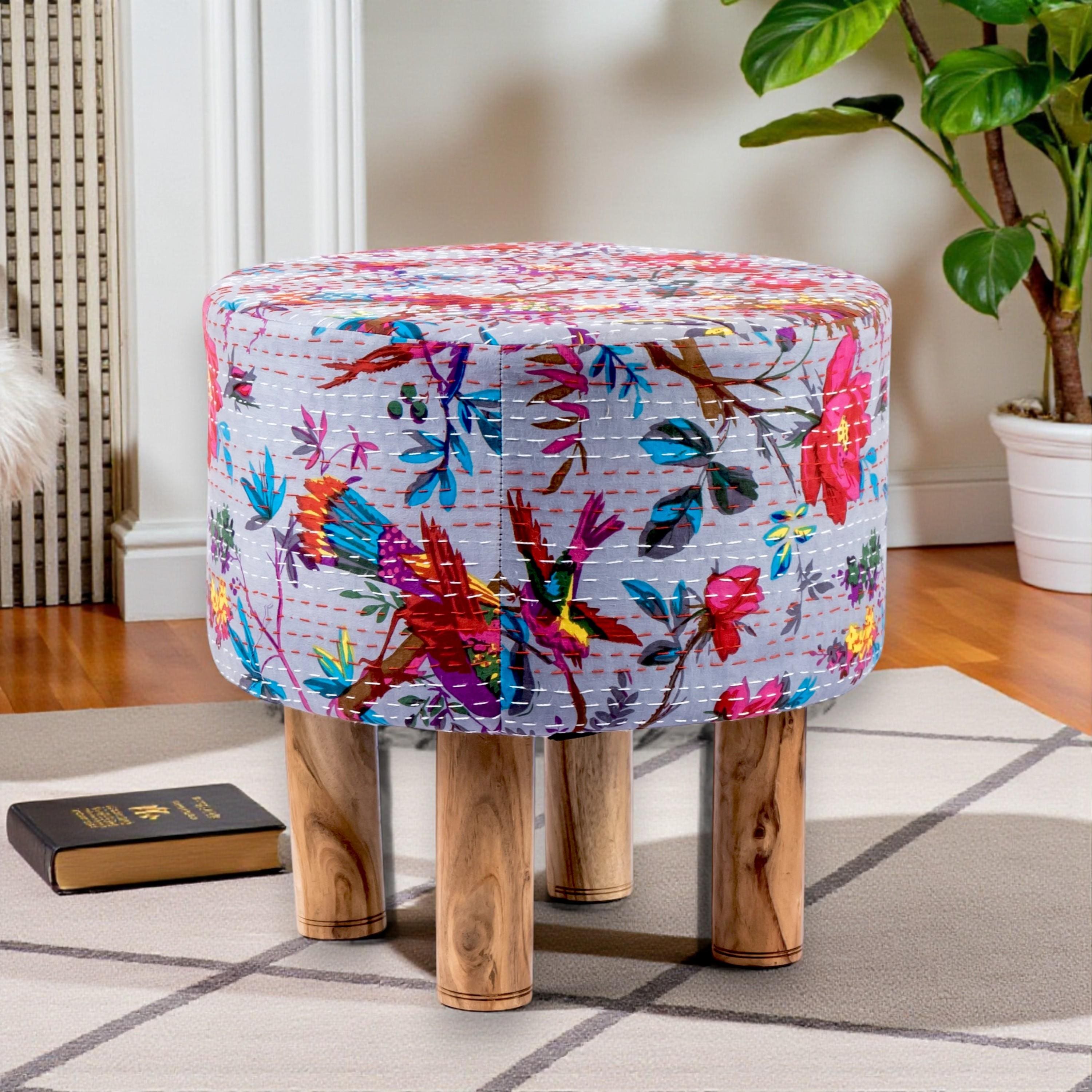 Morgan Solid Wood Pouf Stool in Bird Print Grey Kantha Fabric