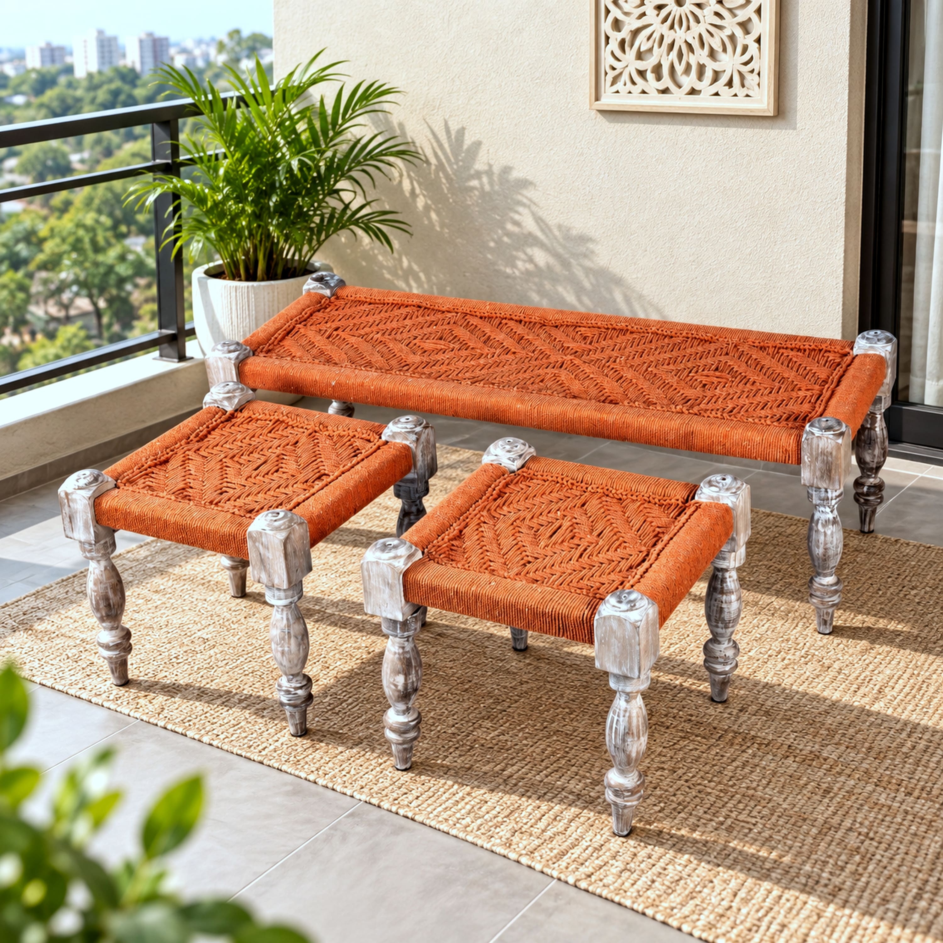 Hamilton Sheesham Wood Vintage 3 Seater Maachi Balcony Bench with 2 Stools in Orange Rope Canning