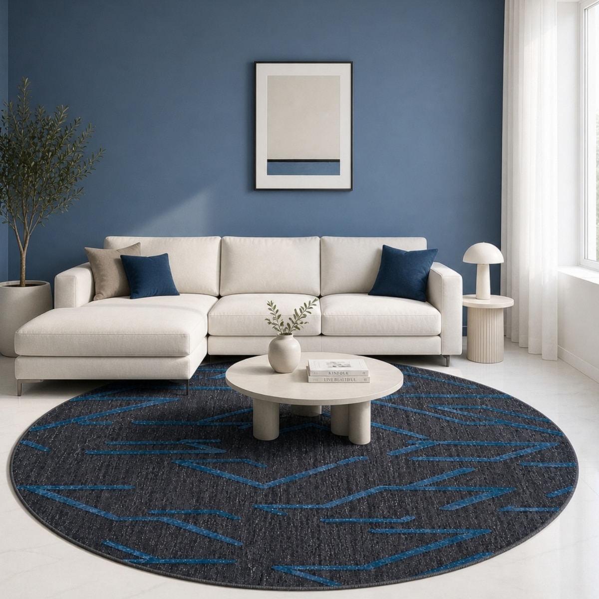 Modern Geometric Round Wool Silk Rug Charcoal Blue 4 Feet Handmade Carpet - NEU LOOMS