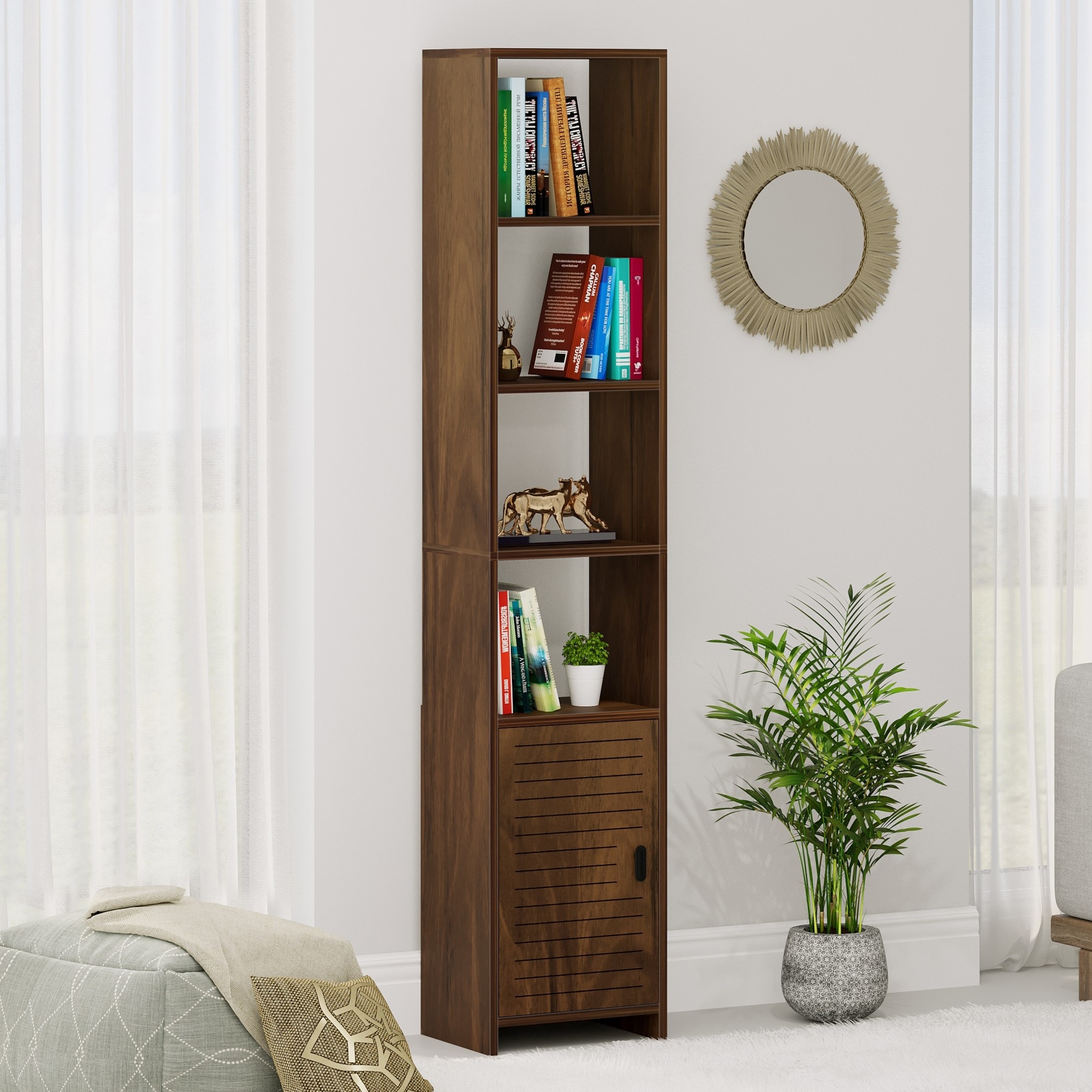 BLUEWUD Barnia Engineered Wood Bookshelf Cabinet Book Rack Organizer with Shelves & Bottom Door for Storage D�cor Display Cabinet Floor Standing for Living Room Home Library (Brown Maple)