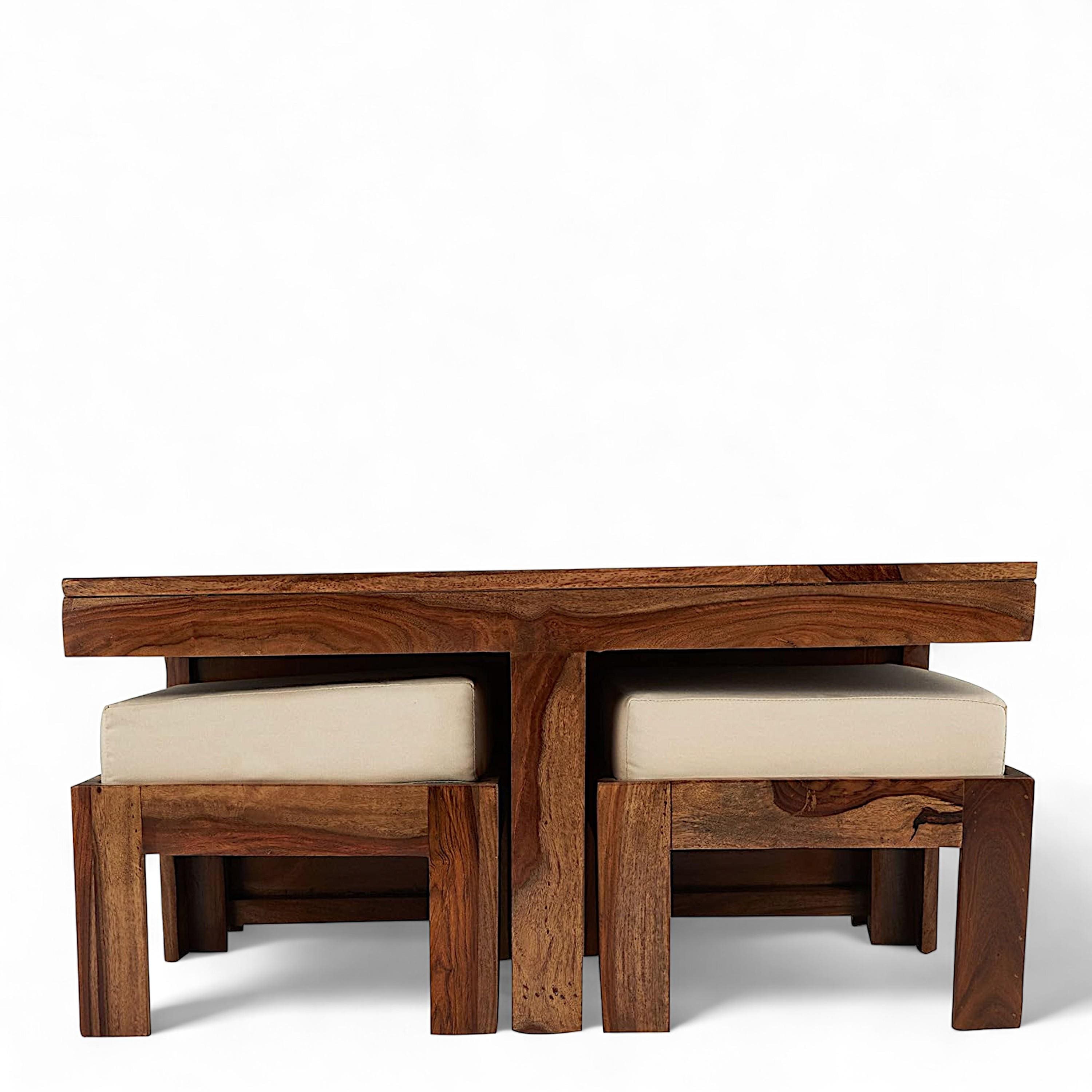 Blane Sheesham Wood Accent Coffee Table Set With 4 Stools In Natural Teak Finish