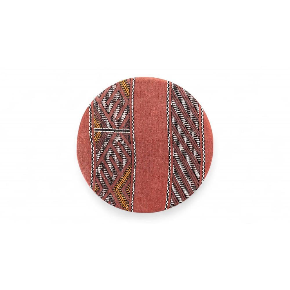 Louisville Acacia Wood Parisian Round Set of 2 Pouf Stools in Red Jacquard