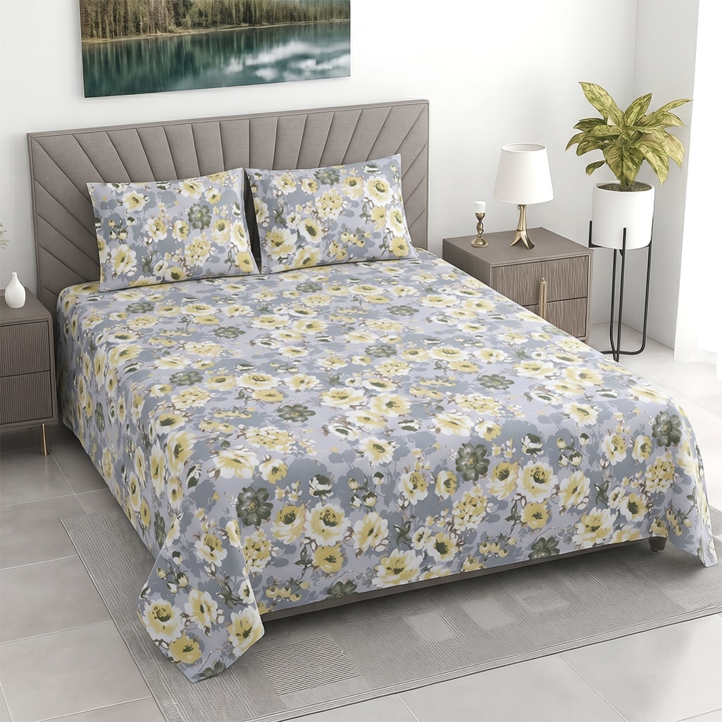 Light Greyfloral 400 Tc  Cotton Flat  Super King Size Bedsheet With 2 Pillow Cover - Threads