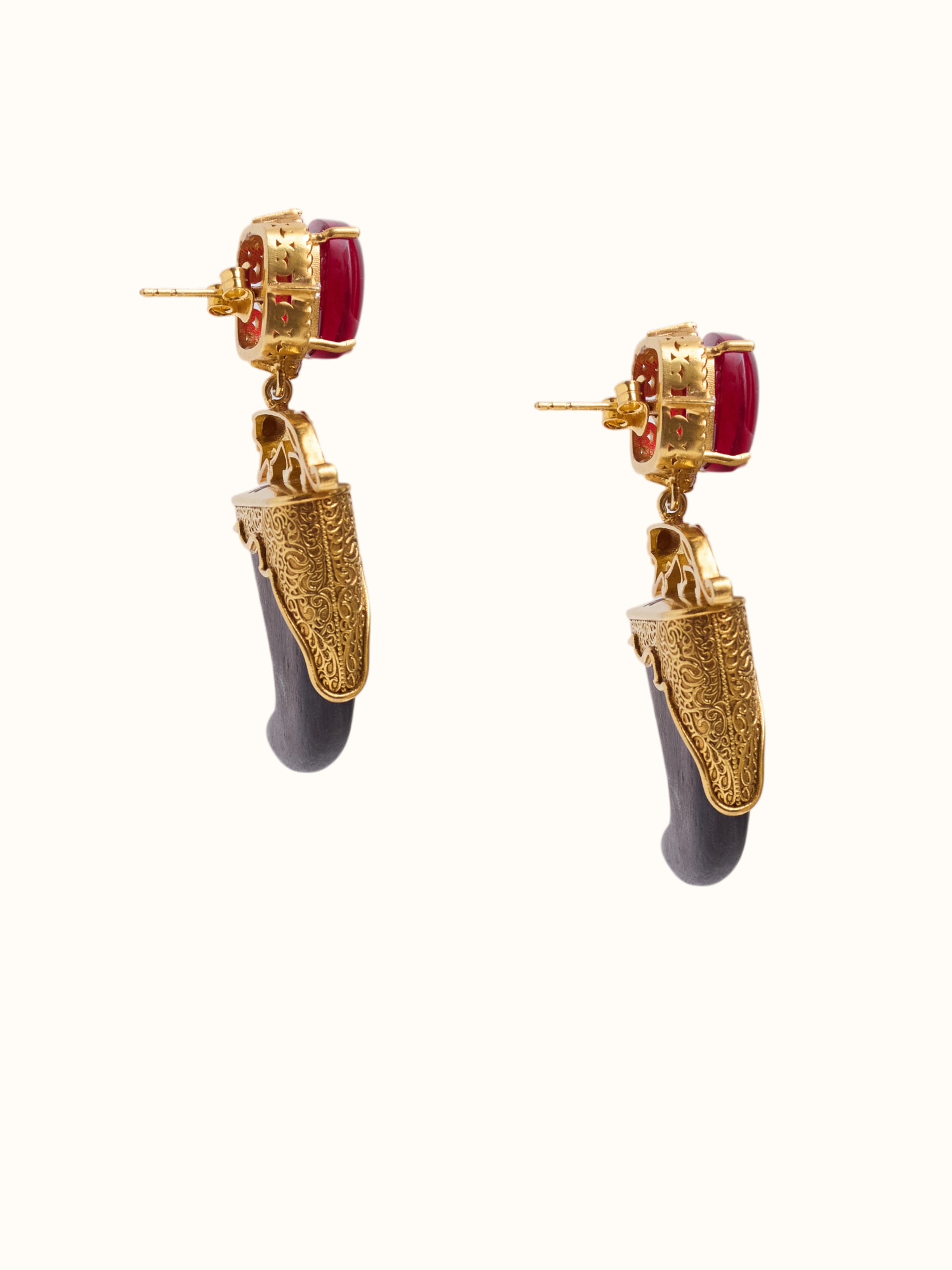 Carved Wood & Silver Drops Earring