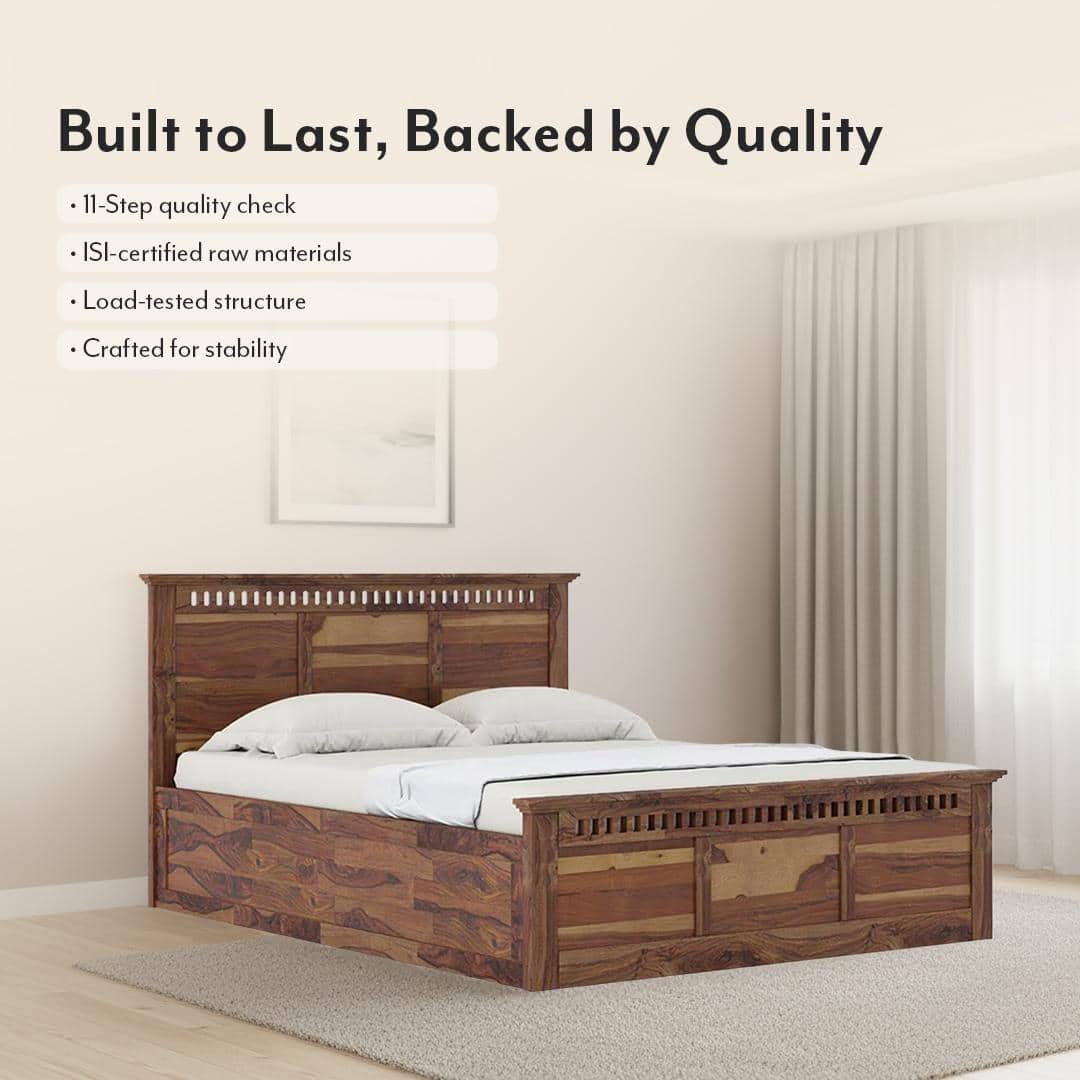Fidora Solid Wood King Box Storage Bed In Teak Finish