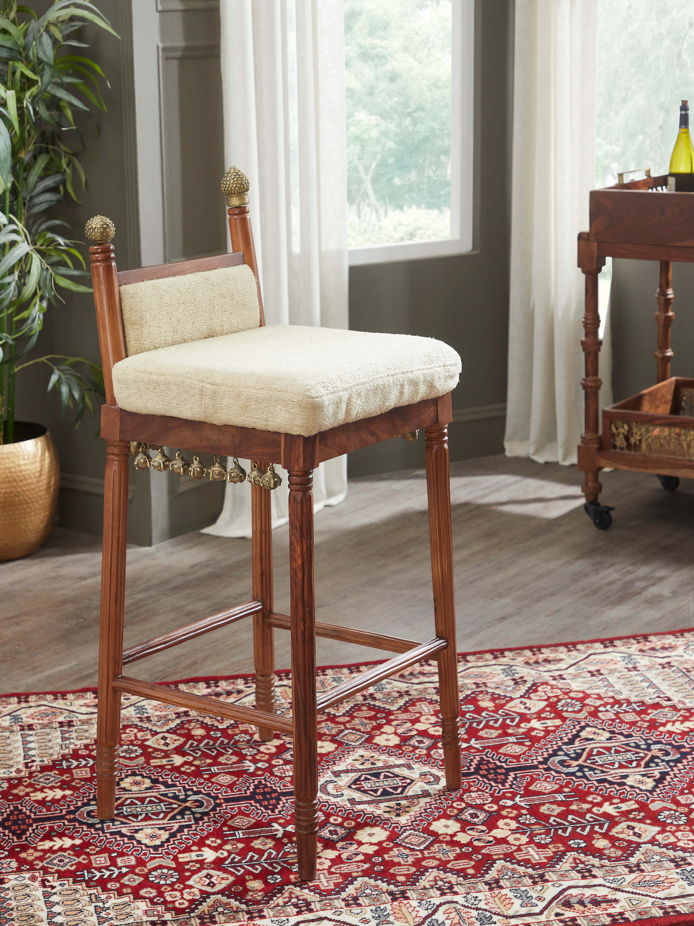 Silk Upholstered Sheesham Wood Bar Chair