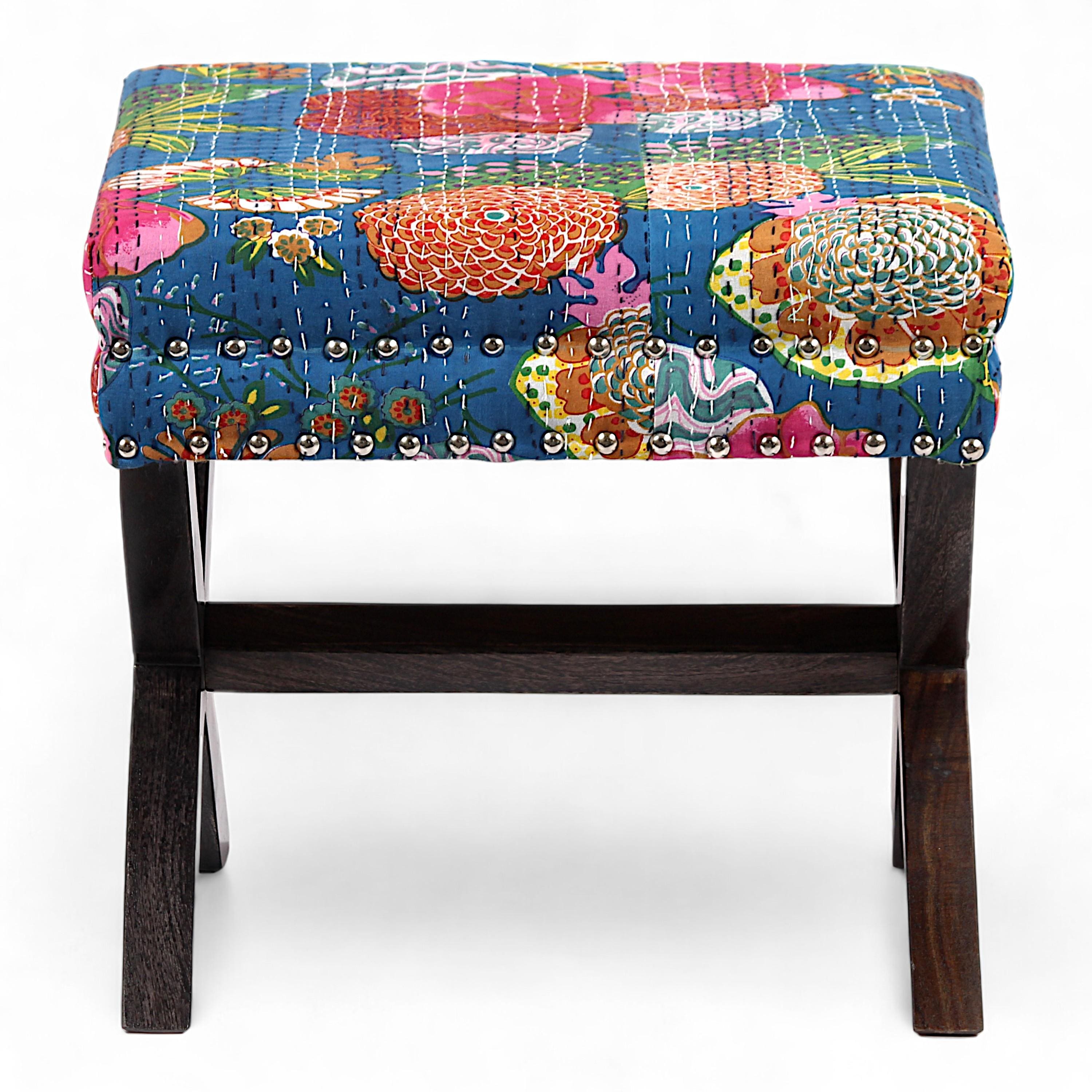 Rosslyn Solid Wood Pouf Stool in Fruit Print Blue Ethnic Kantha fabric