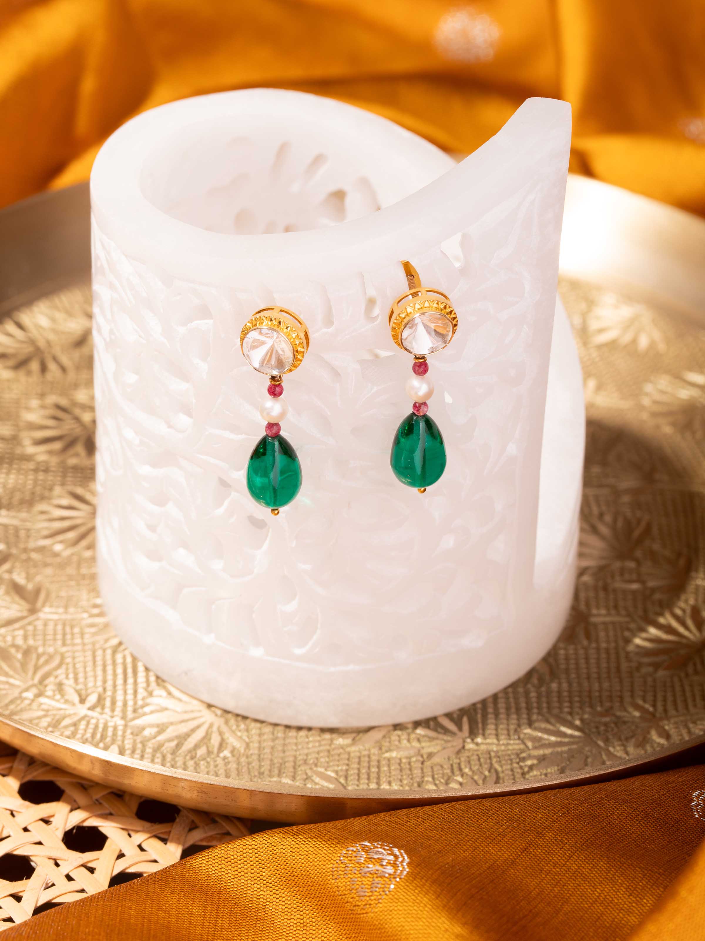 Lifestyle view of alternate Dank Polki earrings styled for bridal or celebratory wear.