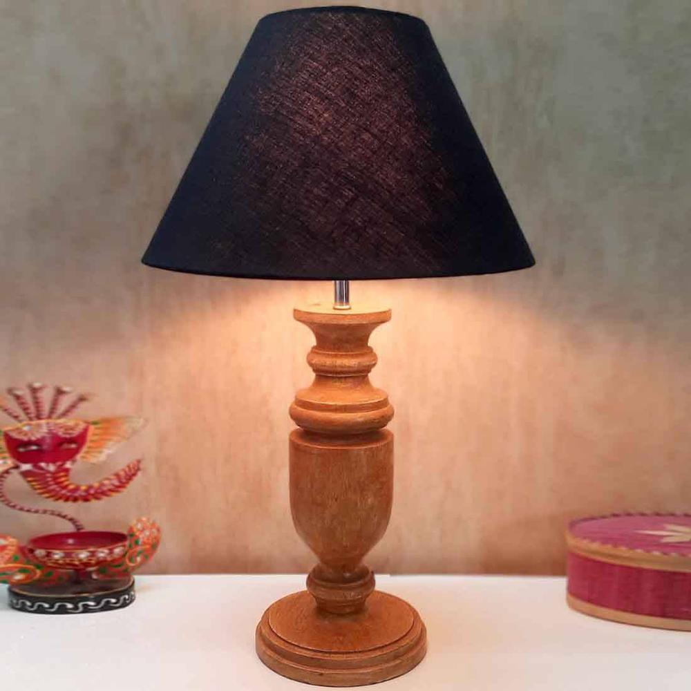 Fura Brown Handmade Ethenic wooden Table lamp in Trophy design with Black fabric shade