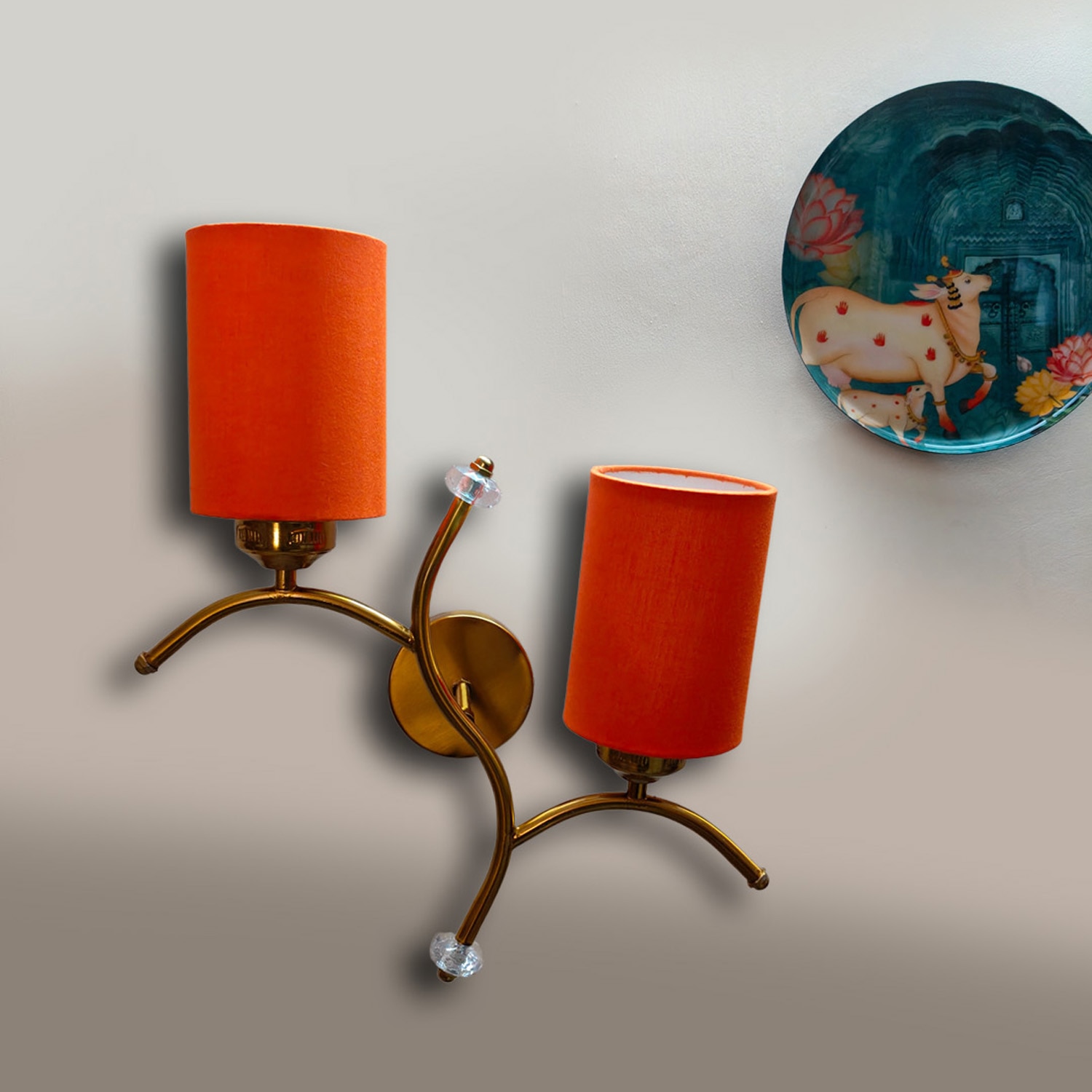 Devansh Metal Electric Wall Light in Gold Colour with Orange Shade Count of 2 Lights - Devansh