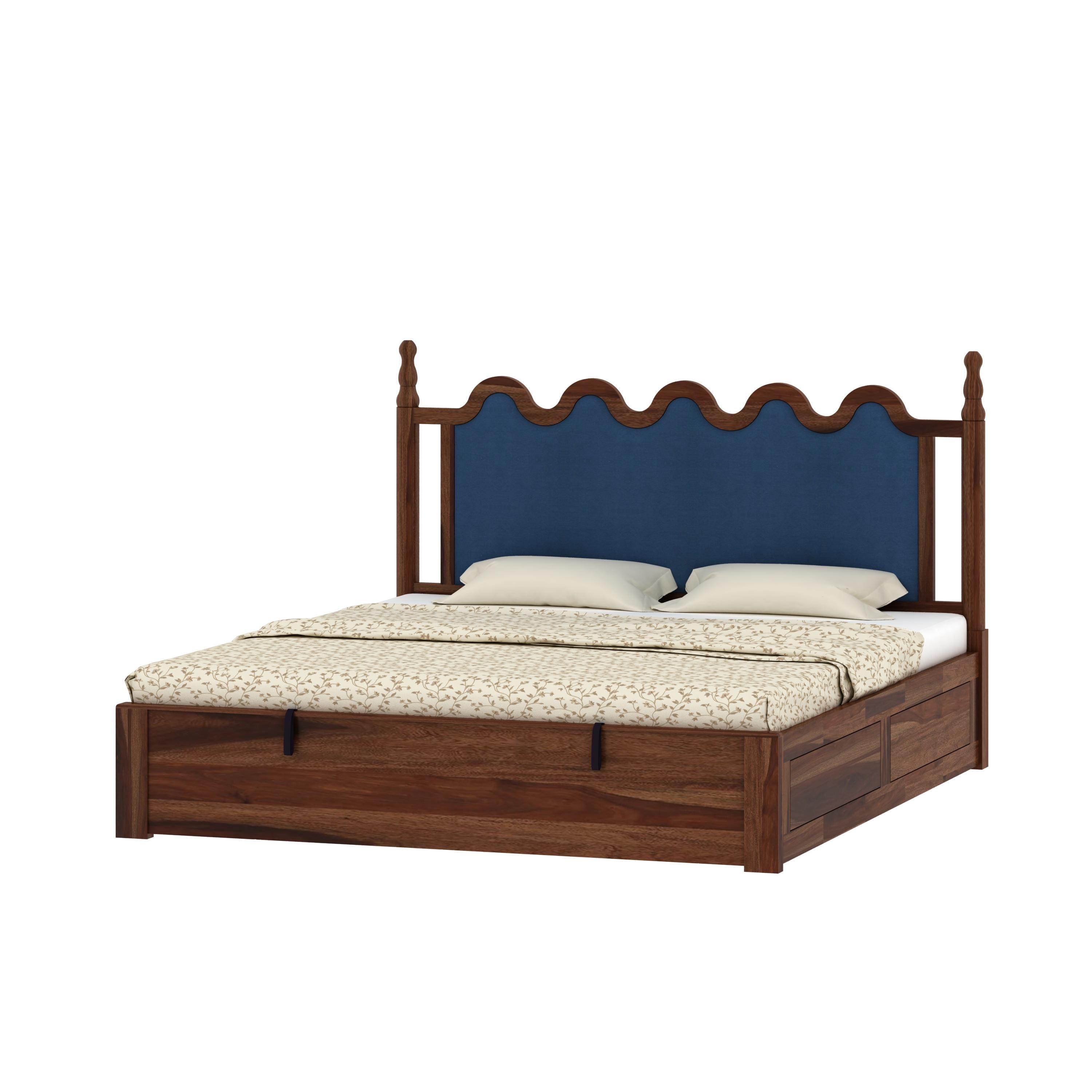 Tavora Sheesham Wood Queen Size Bed With Hydraulic Storage In Provincial Teak Finish