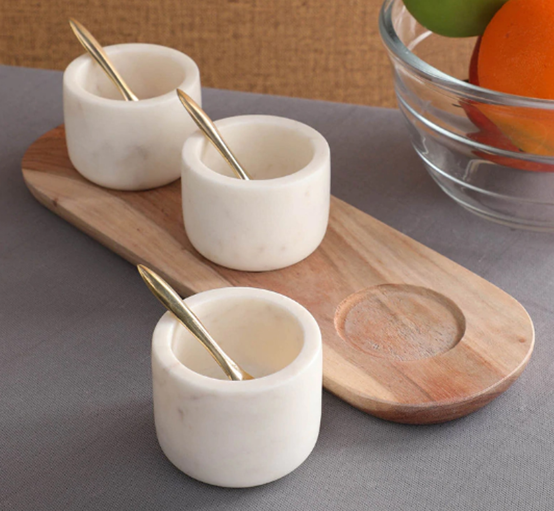 Wooden Tray with 3 Marble Containers for Spices, Salt, Candy, and 3 Brass Spoons"