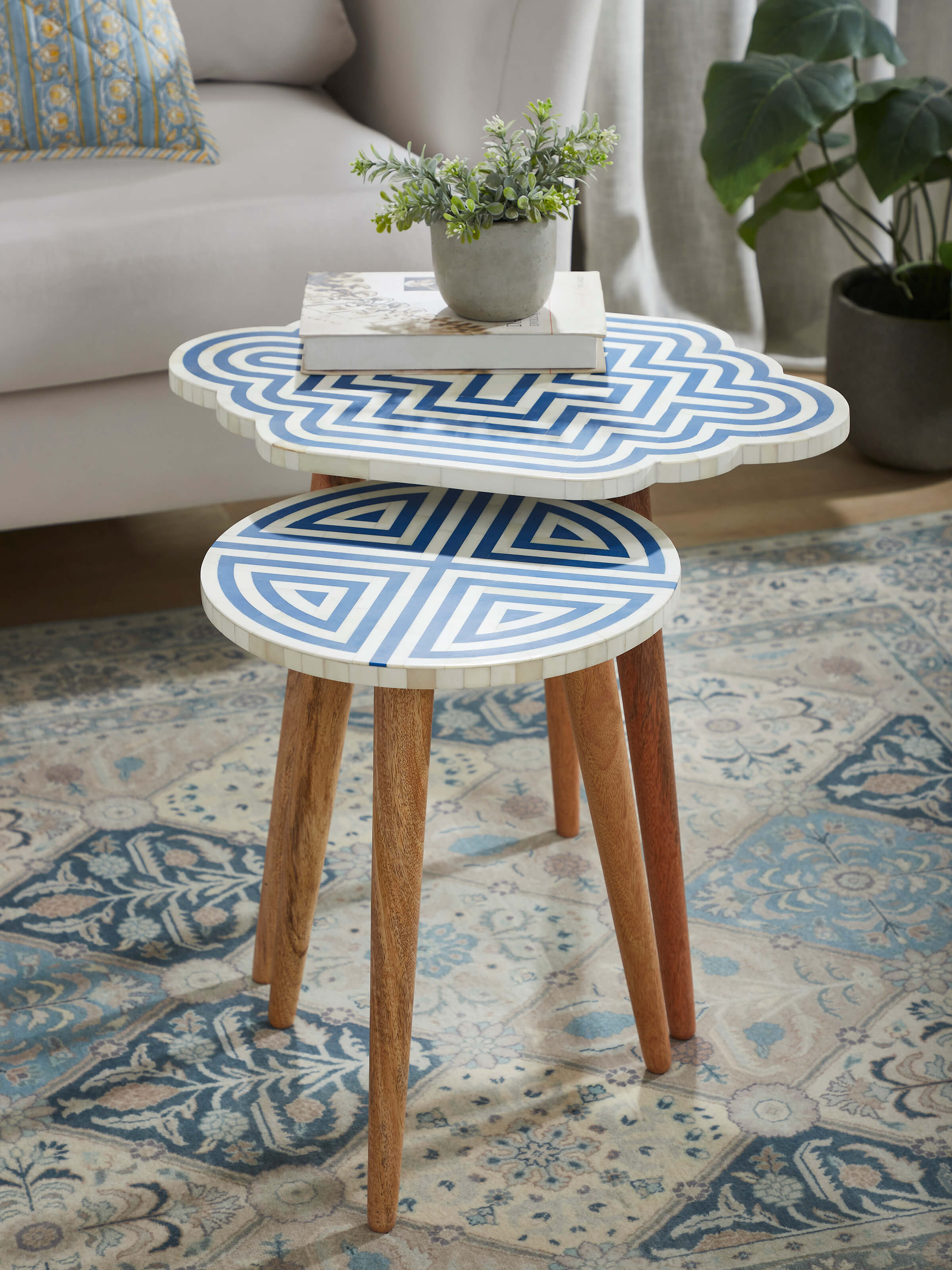 Side view of Blue Acacia Wood Bone Inlay Nesting Tables (2 Pcs) showcasing their elegant inlay work and versatile design.