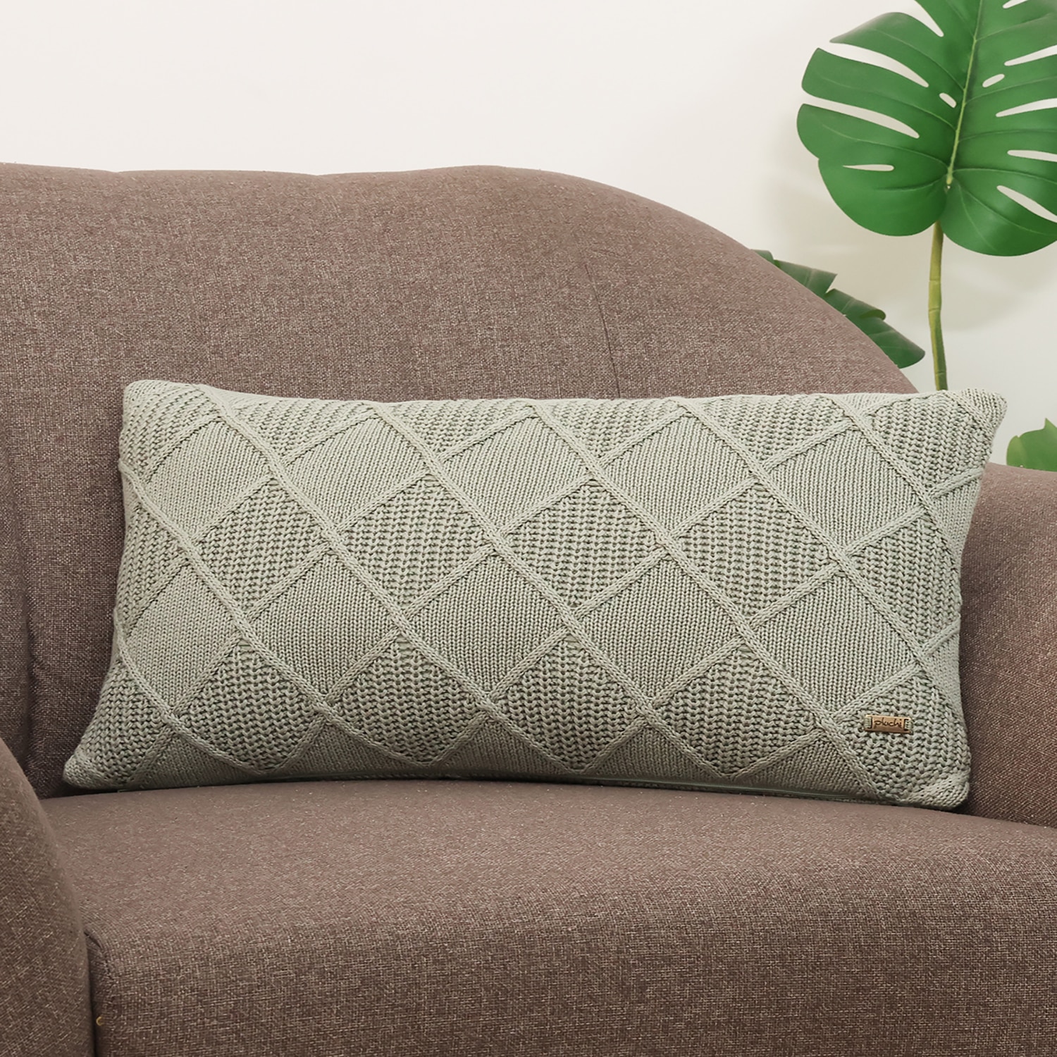 Danube Desert Sage Cotton Knitted Cushion Cover 12X20 Inches - Pluchi