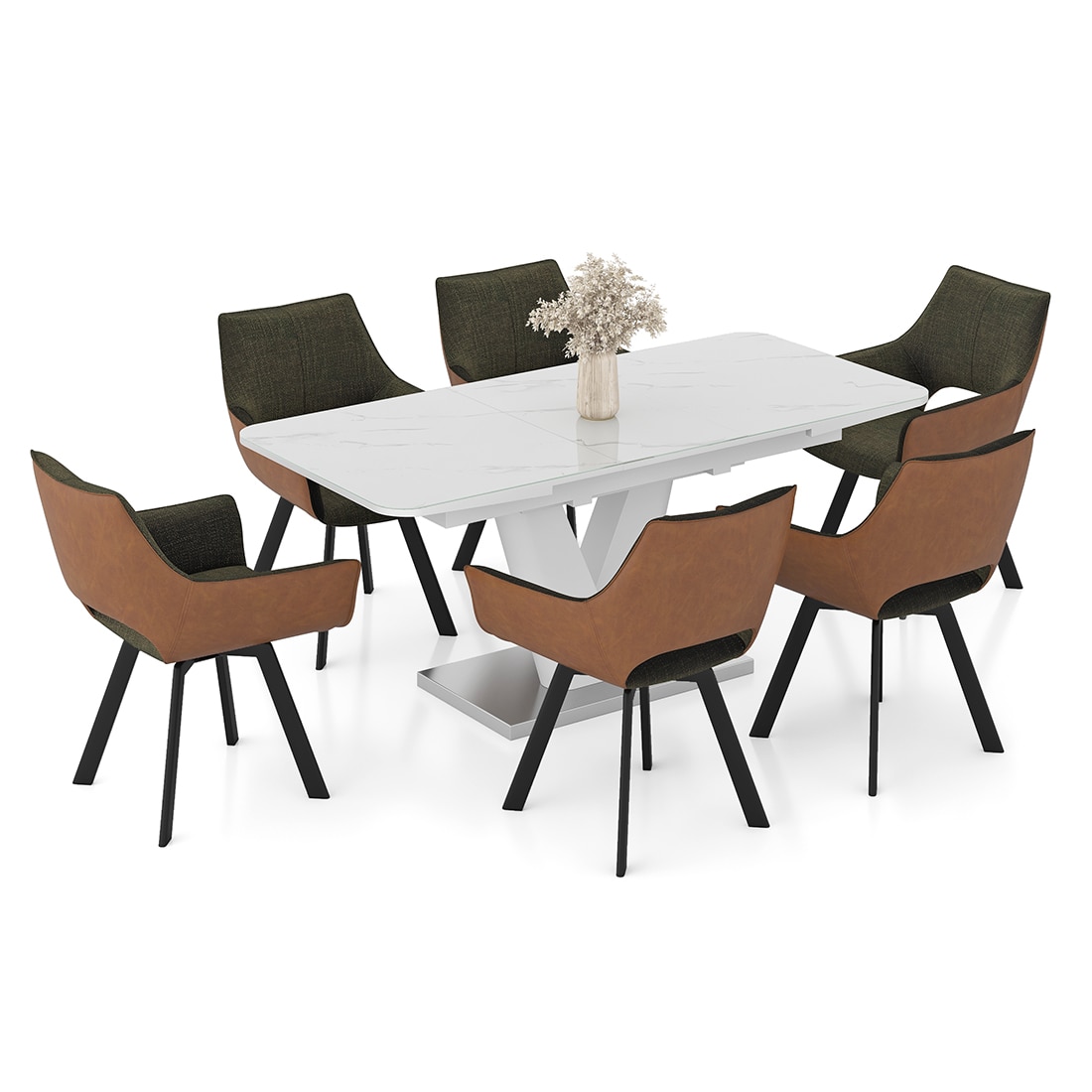 Caribu Glass 4 to 6 Seater Extendable Dining Table in White High Gloss Finish (Finish : white high gloss) with Set of 4 Casey Swivel Dining Chair in Dual Tone