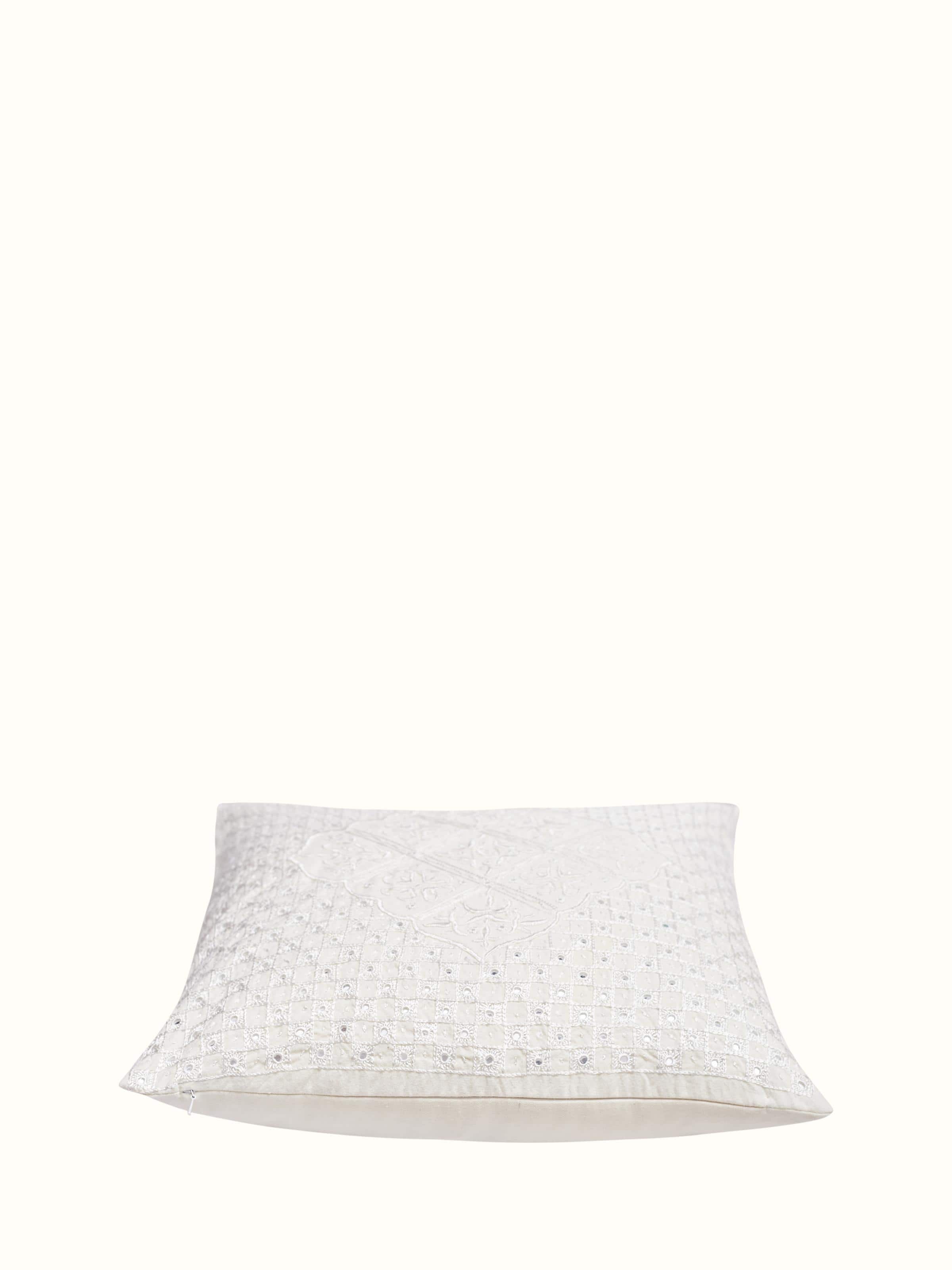 Lippan White Pakko Grid Hand Embroidered Cotton Cushion Cover