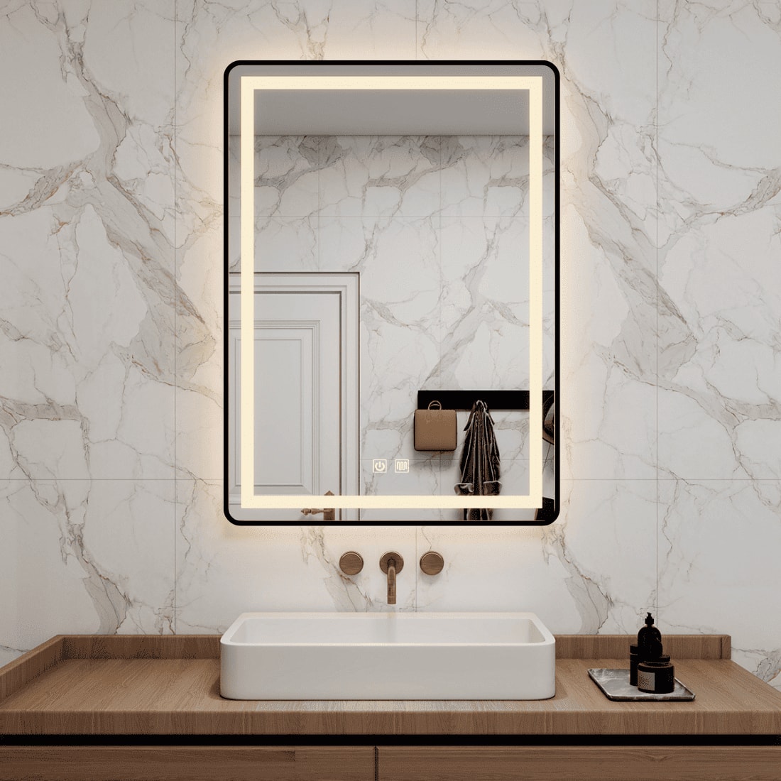 Modern Rectangular LED Mirror Black Stainless Steel Frame with Shelving