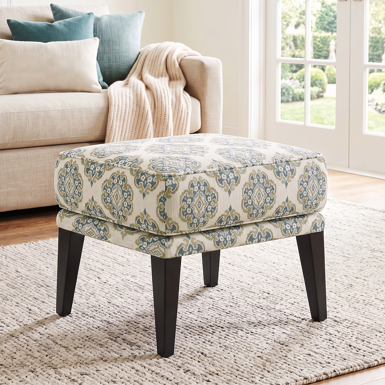 Morgen Ottoman In Aqua Fleur Damask Colour - Urban Ladder