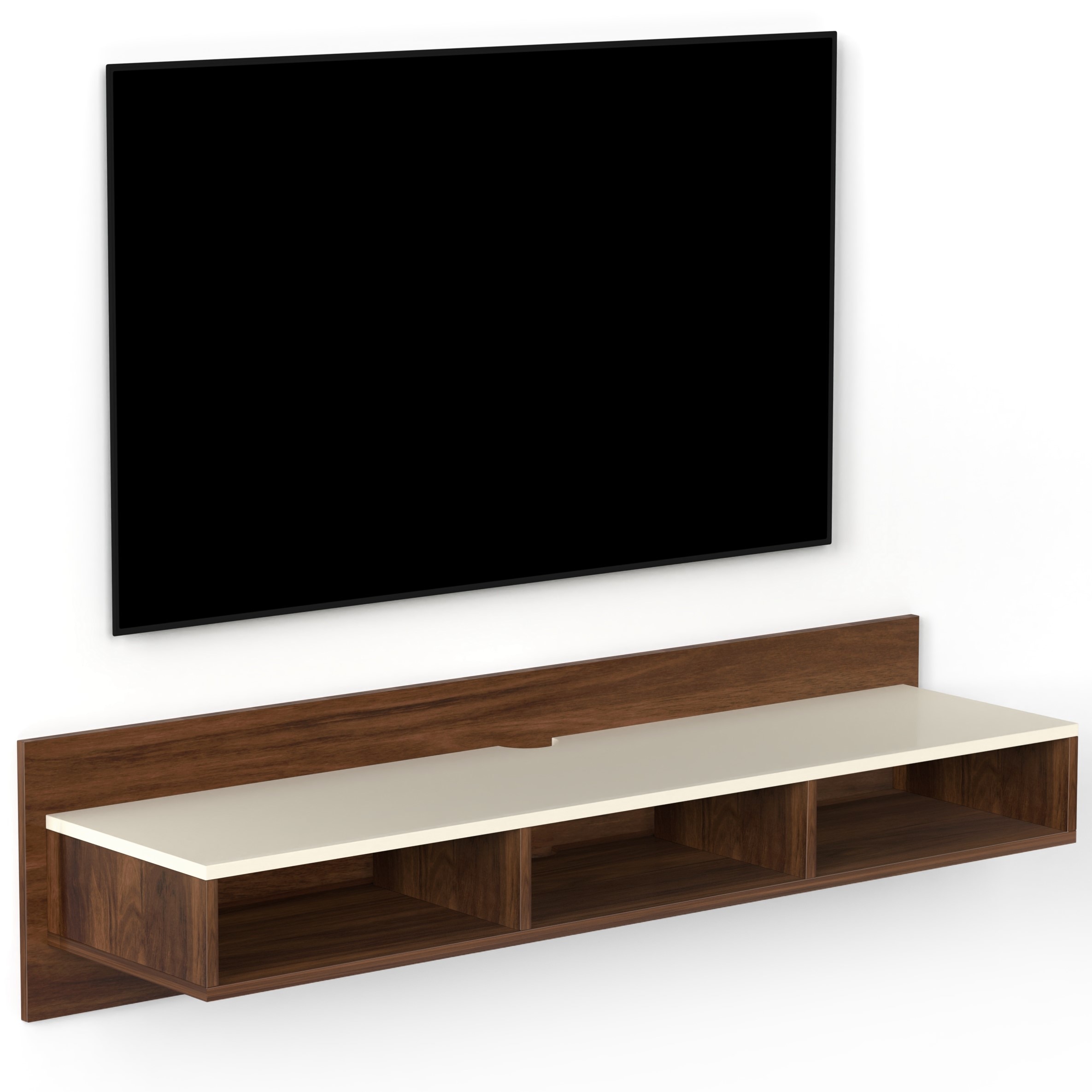 BLUEWUD Reynold Engineering Wood Wall Mount TV Entertainment Unit Set Top Box Stand/TV Cabinet Panel with Shelves for Books & D�cor Display Unit Bed Living Room Upto 55 Inches (Brown Maple & Beige)