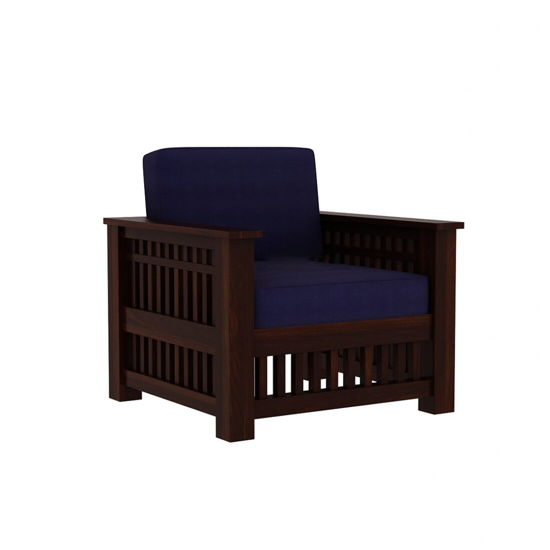 Anjani 3+1+1 Seater Wooden Sofa (BLUE Colour, Dark Walnut Finish)