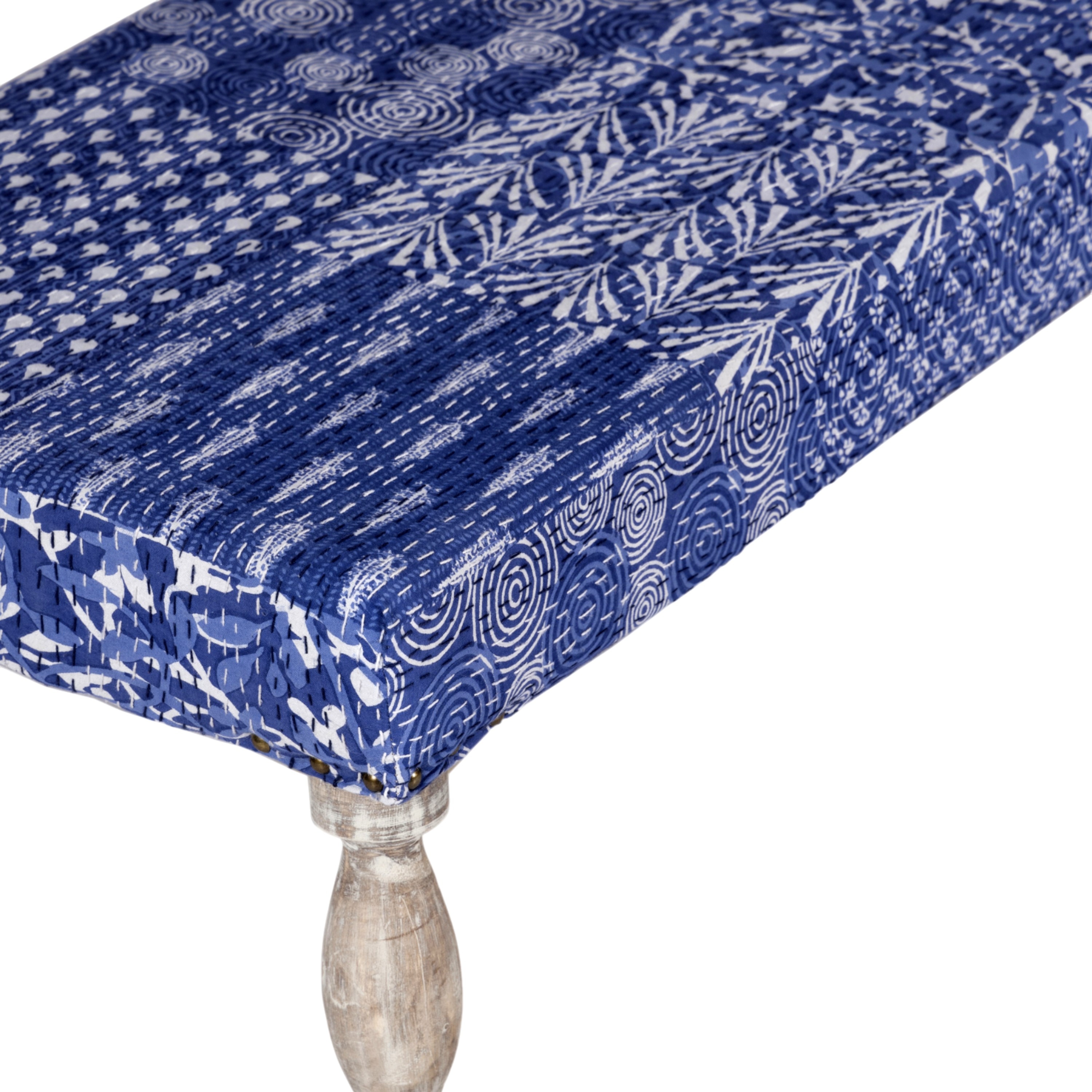 Bestone Solid Wood Bench In Indigo Patch Kantha Fabric