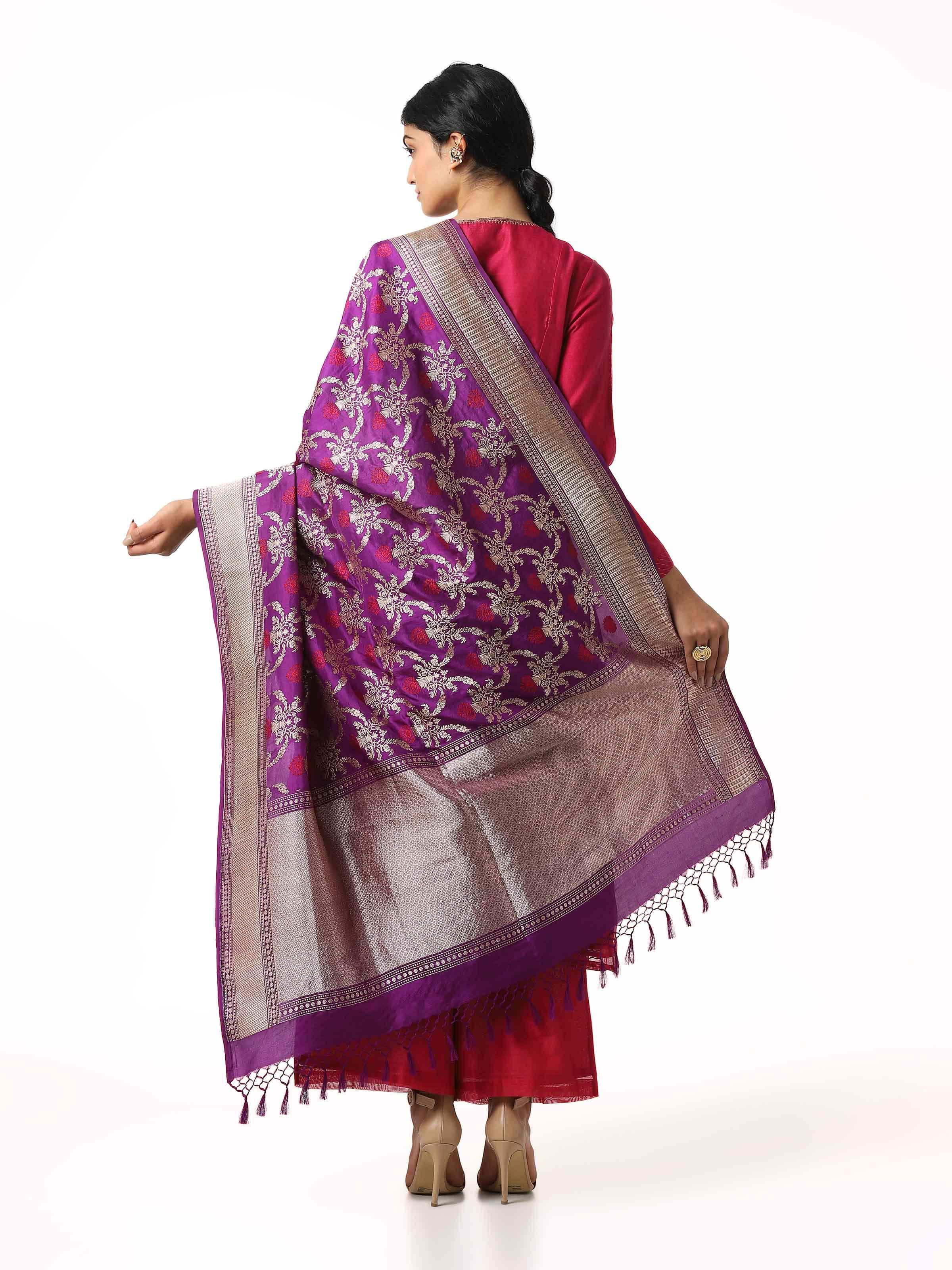 Purple Banarasi Silk Kadwa Jaal Handwoven Dupatta