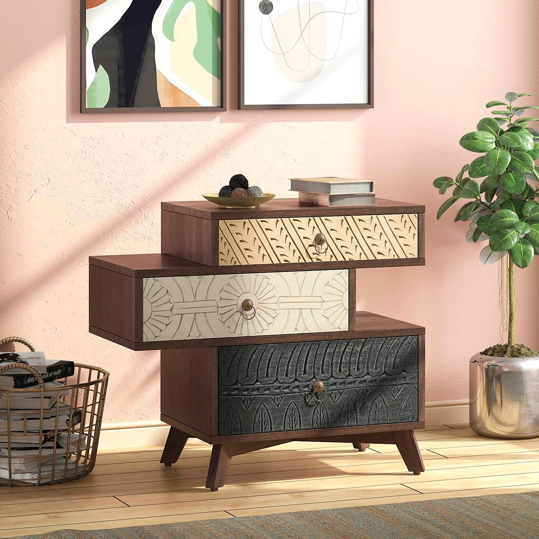 Zenga Solid Wood Side Table in Antique Walnut Finish