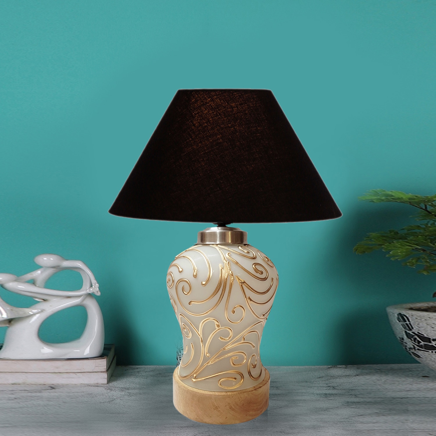 Devansh Conical  Black Cotton Shade  Lamp With  Wood & Mosaic Glass Base For Decoration /Office/Home/Gifting/Study For Decoration /Office/Home/Gifting/Study -(10X10X14.5) Inches - - Devansh