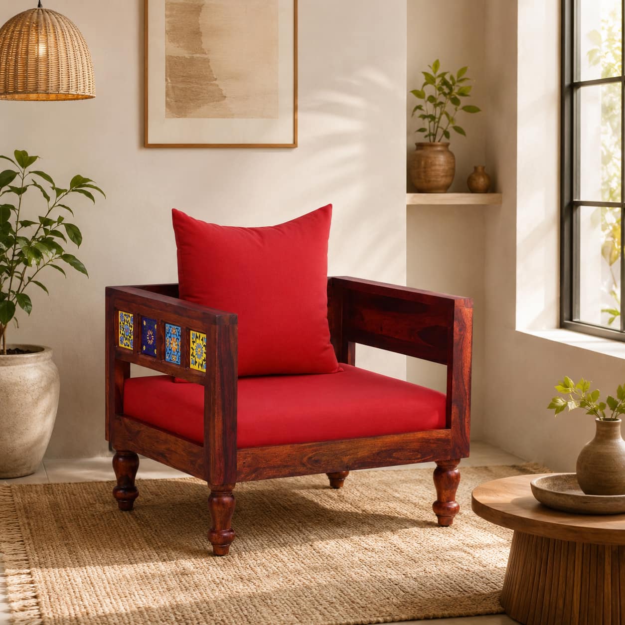 Rangrez Sheesham Wood 1 Seater Sofa in Honey Oak Finish with Red Cushion - Woodenmood